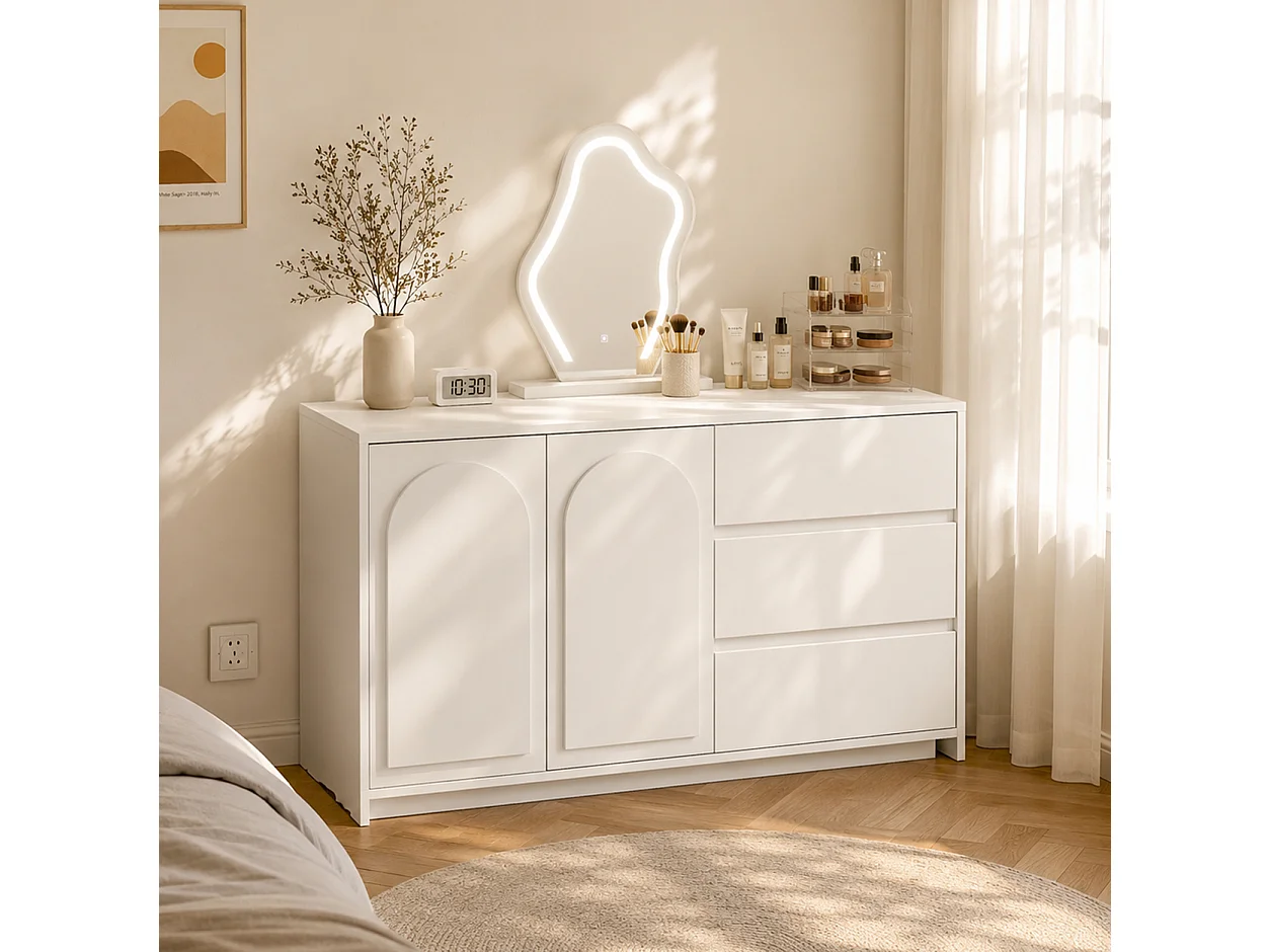 Coiffeuse avec Miroir LED 140x75cm en Blanc - Table de Maquillage Moderne avec Plateau Extensible, 3 Tiroirs & 3 Couleurs d'Éclairage, Style Scandinave - Blanc