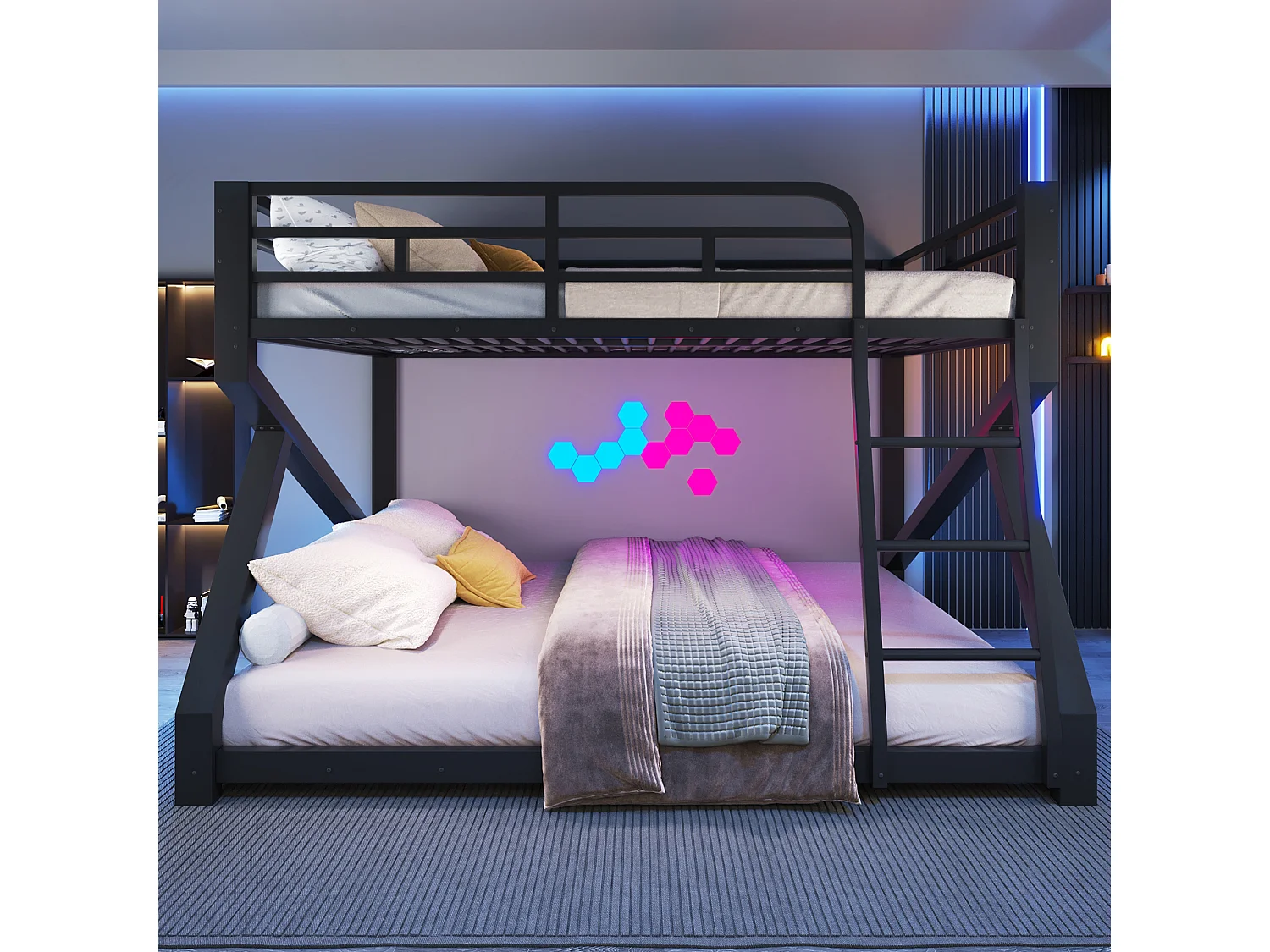 Lit superposé 140 x 200 cm + 160 x 200 cm – Structure en métal – Avec éclairage LED – Avec barrières de sécurité – Noir (matelas non inclus)