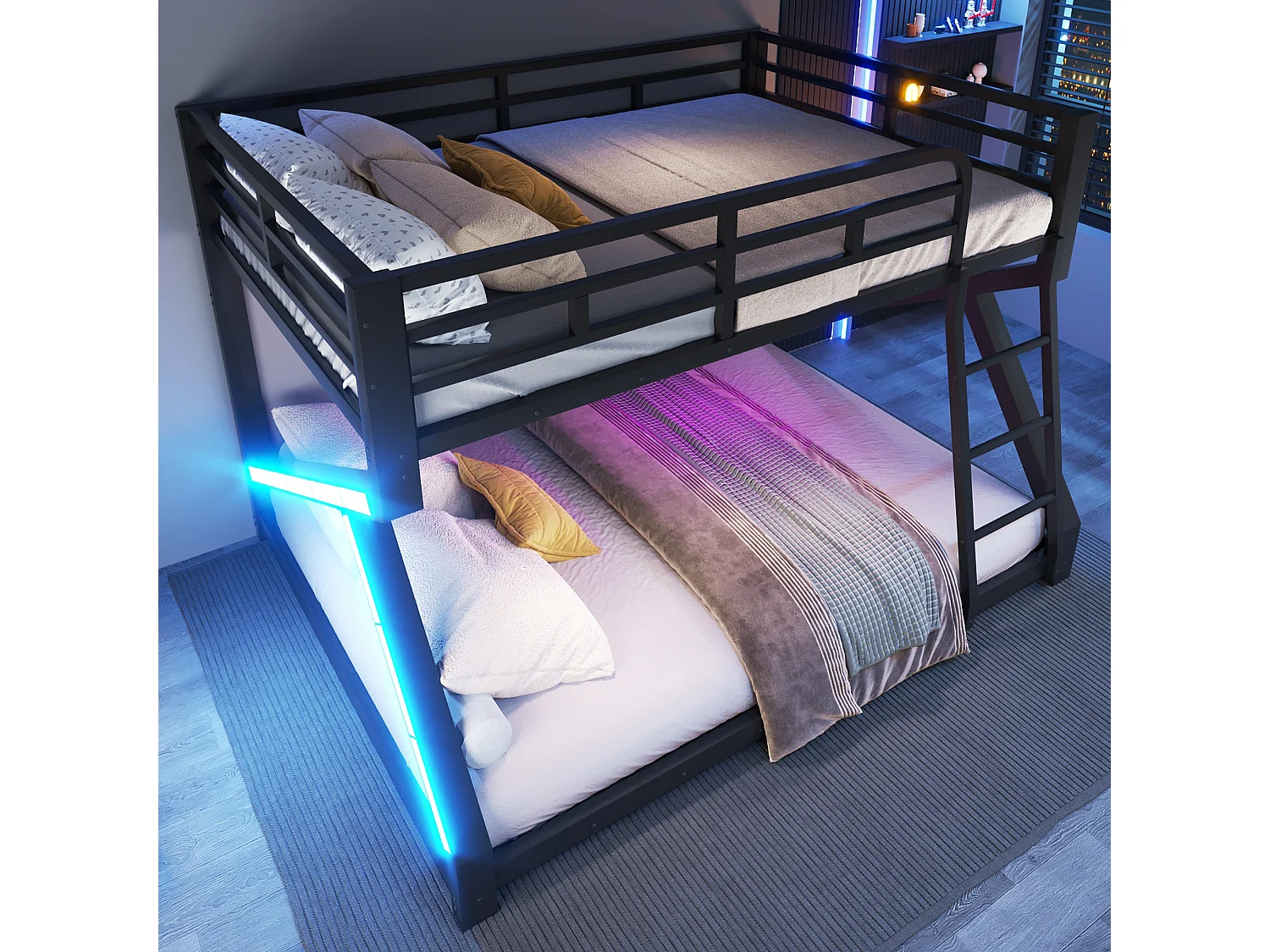 Lit superposé 140 x 200 cm + 160 x 200 cm – Structure en métal – Avec éclairage LED – Avec barrières de sécurité – Noir (matelas non inclus)