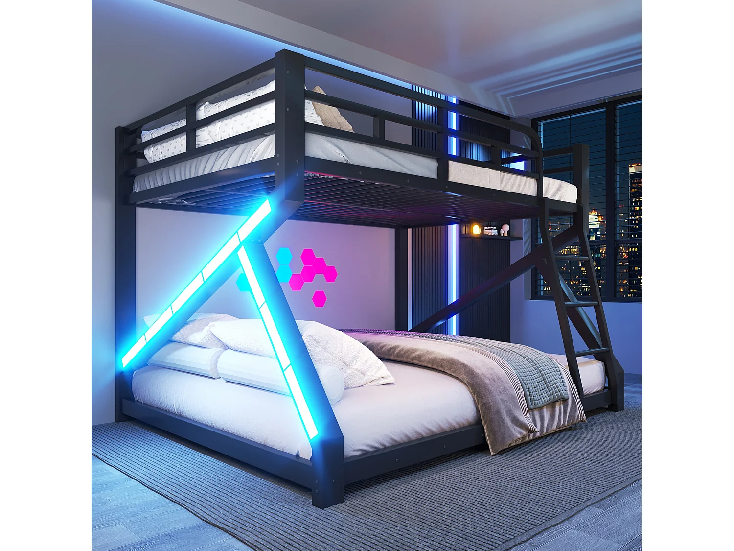 Lit superposé 140 x 200 cm + 160 x 200 cm – Structure en métal – Avec éclairage LED – Avec barrières de sécurité – Noir (matelas non inclus)