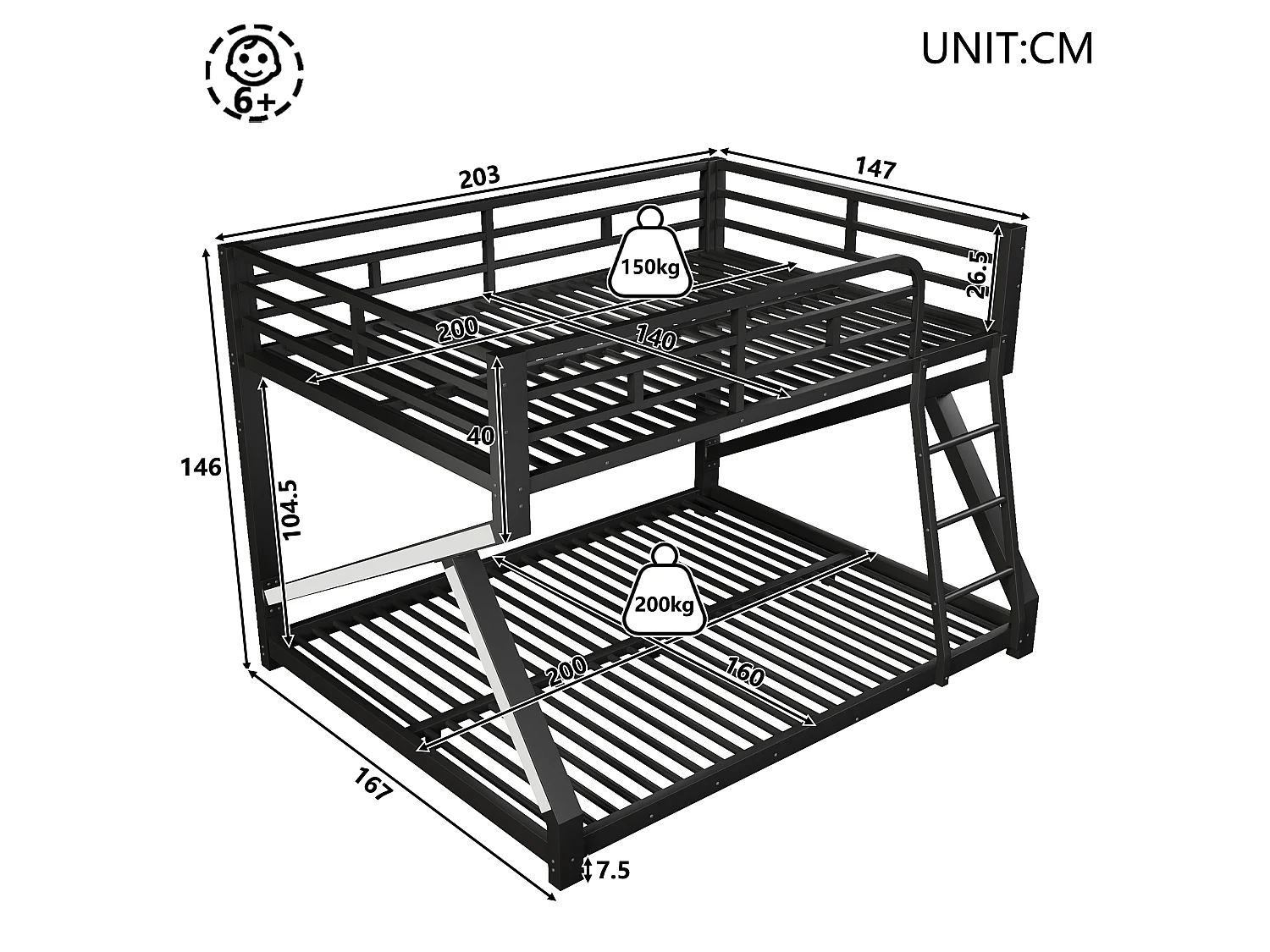 Lit superposé 140 x 200 cm + 160 x 200 cm – Structure en métal – Avec éclairage LED – Avec barrières de sécurité – Noir (matelas non inclus)