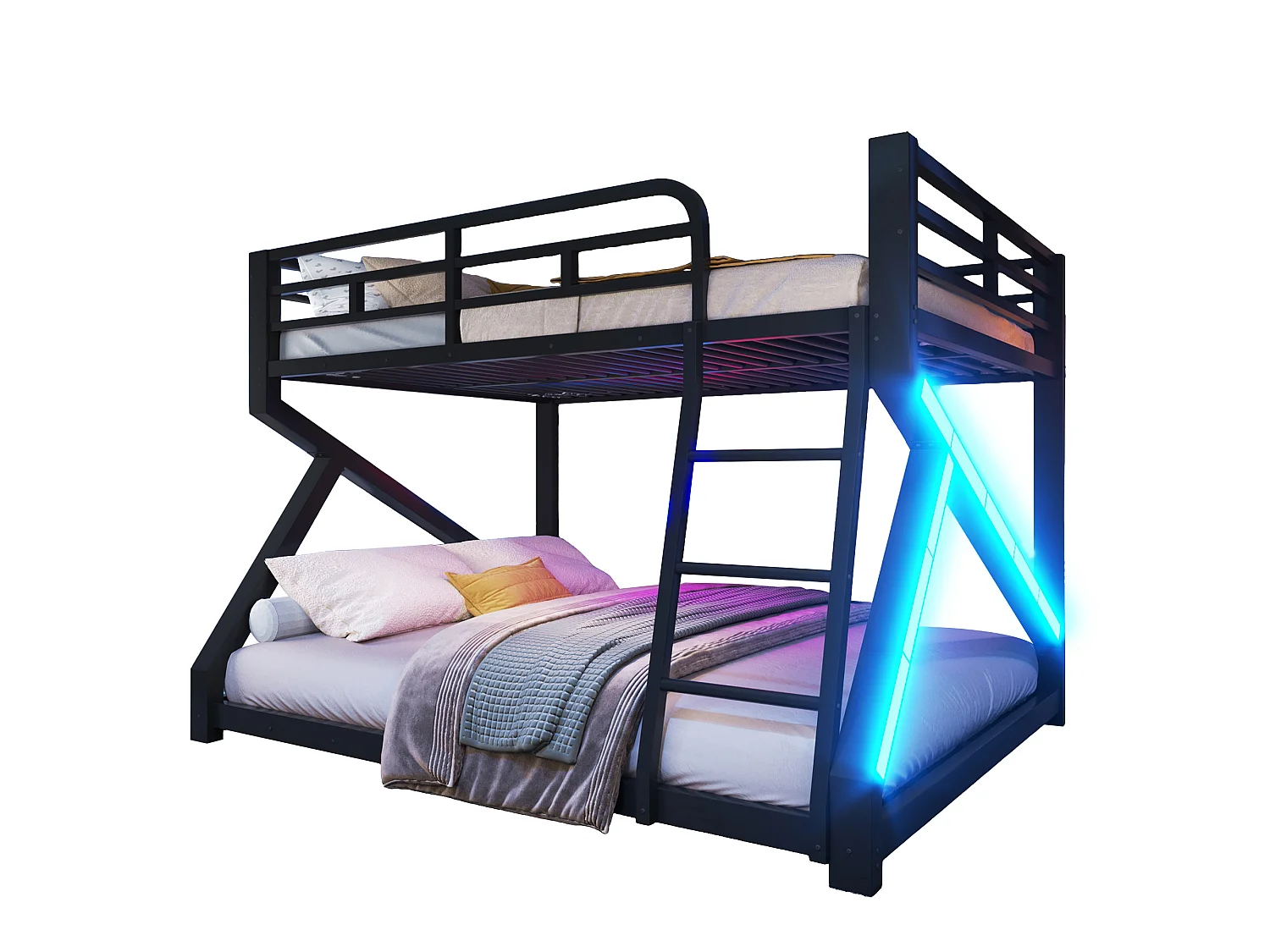 Lit superposé 140 x 200 cm + 160 x 200 cm – Structure en métal – Avec éclairage LED – Avec barrières de sécurité – Noir (matelas non inclus)