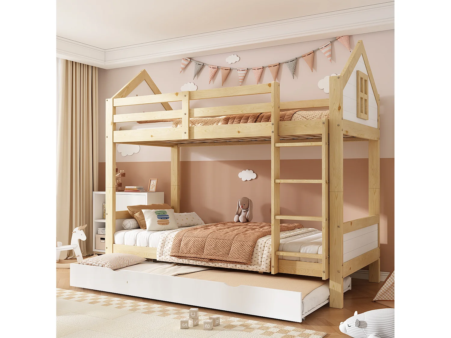 Lit superposé enfant 90x200 cm - avec lit gigogne - avec échelles et garde-corps de sécurité - Bois massif + MDF - Blanc (sans matelas)