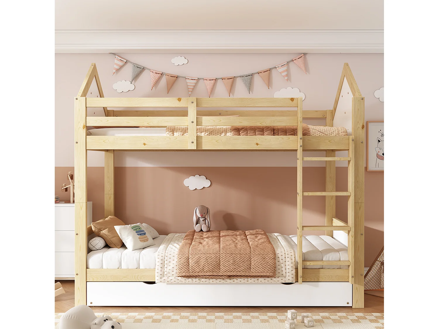 Lit superposé enfant 90x200 cm - avec lit gigogne - avec échelles et garde-corps de sécurité - Bois massif + MDF - Blanc (sans matelas)