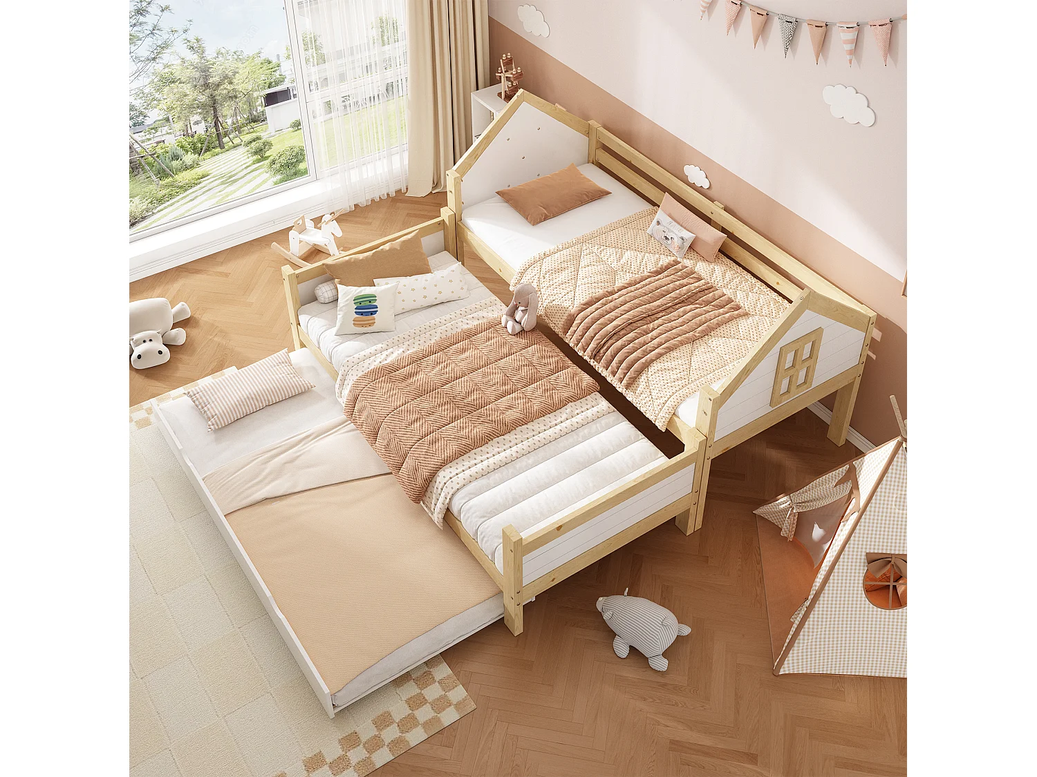 Lit superposé enfant 90x200 cm - avec lit gigogne - avec échelles et garde-corps de sécurité - Bois massif + MDF - Blanc (sans matelas)