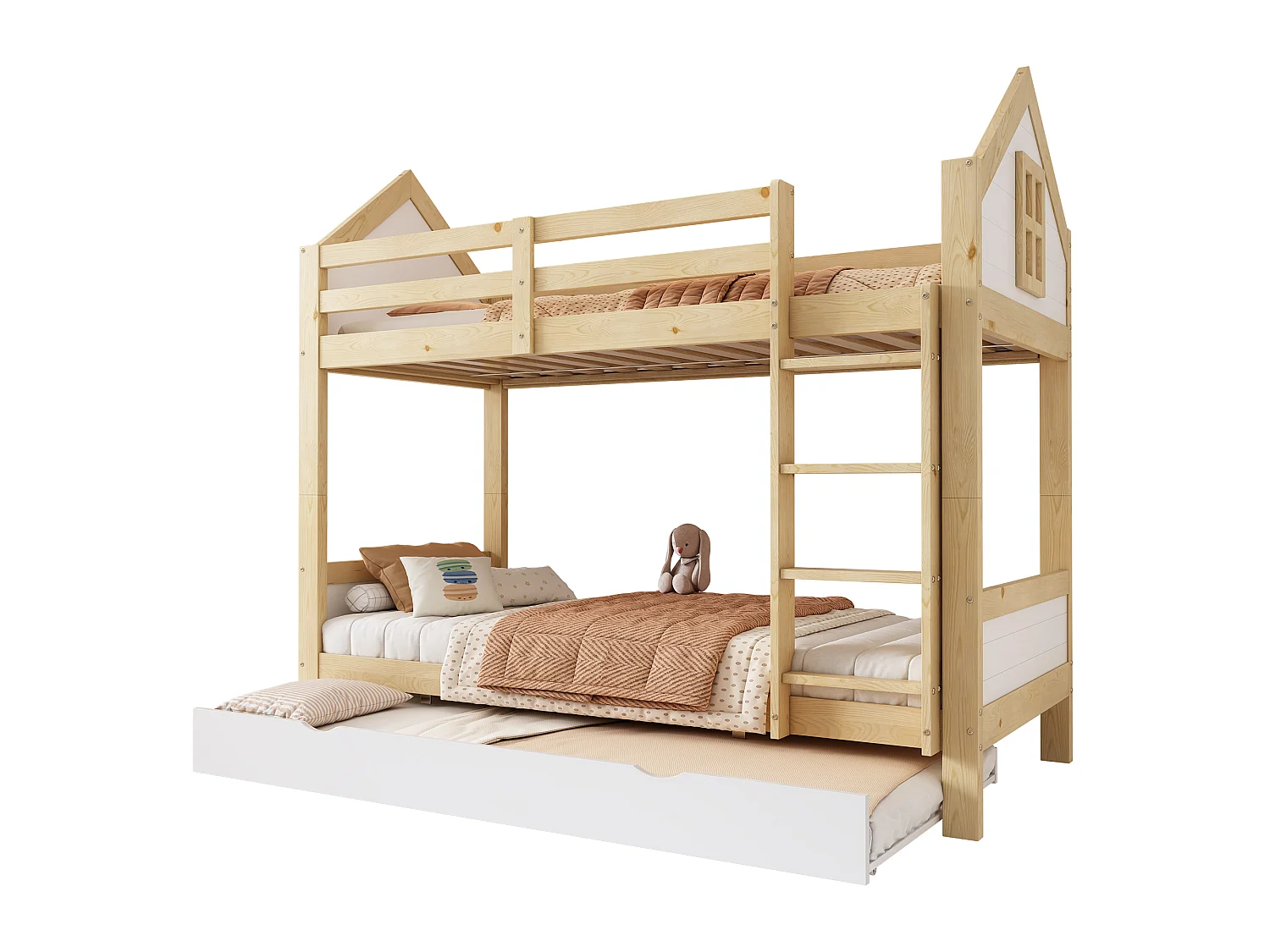 Lit superposé enfant 90x200 cm - avec lit gigogne - avec échelles et garde-corps de sécurité - Bois massif + MDF - Blanc (sans matelas)