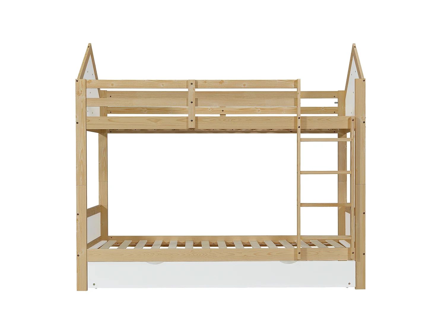 Lit superposé enfant 90x200 cm - avec lit gigogne - avec échelles et garde-corps de sécurité - Bois massif + MDF - Blanc (sans matelas)
