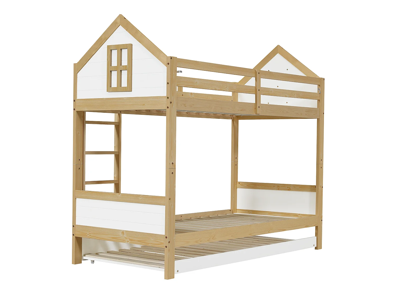 Lit superposé enfant 90x200 cm - avec lit gigogne - avec échelles et garde-corps de sécurité - Bois massif + MDF - Blanc (sans matelas)