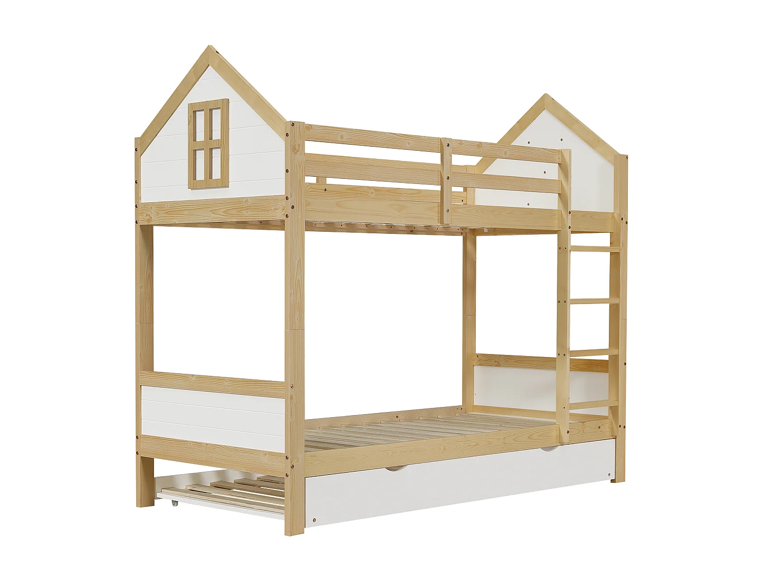 Lit superposé enfant 90x200 cm - avec lit gigogne - avec échelles et garde-corps de sécurité - Bois massif + MDF - Blanc (sans matelas)