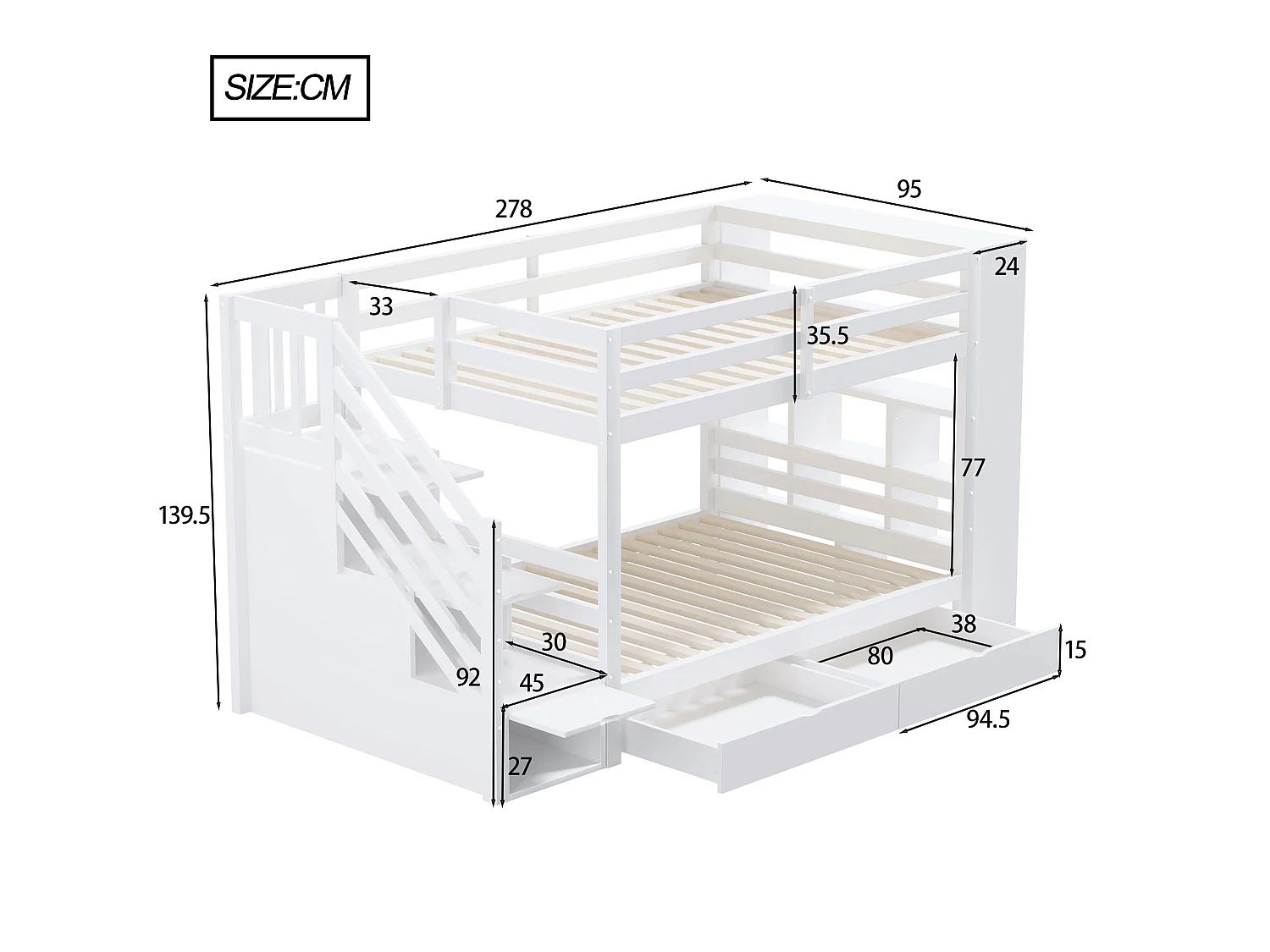 Lit superposé 90x200 cm – Escalier sécurisé avec rangements – avec 2 tiroirs – blanc (matelas non inclus)
