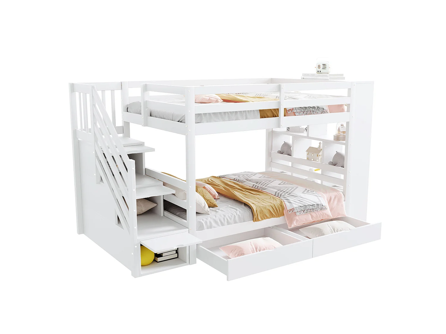 Lit superposé 90x200 cm – Escalier sécurisé avec rangements – avec 2 tiroirs – blanc (matelas non inclus)