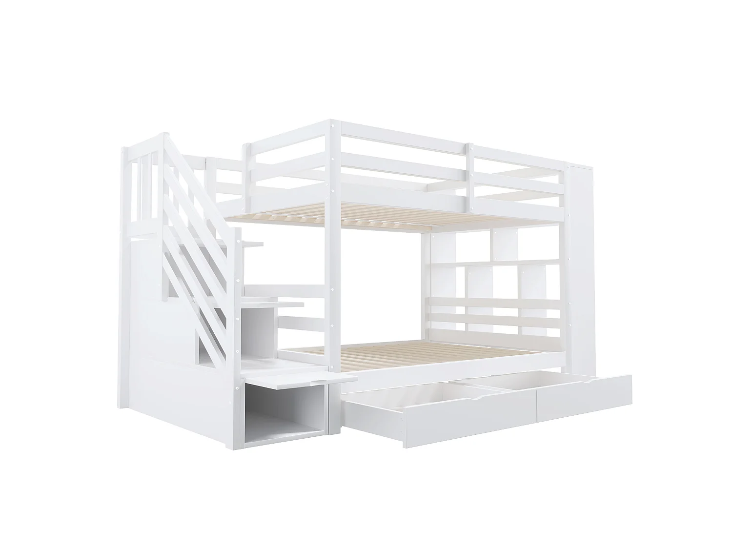 Lit superposé 90x200 cm – Escalier sécurisé avec rangements – avec 2 tiroirs – blanc (matelas non inclus)