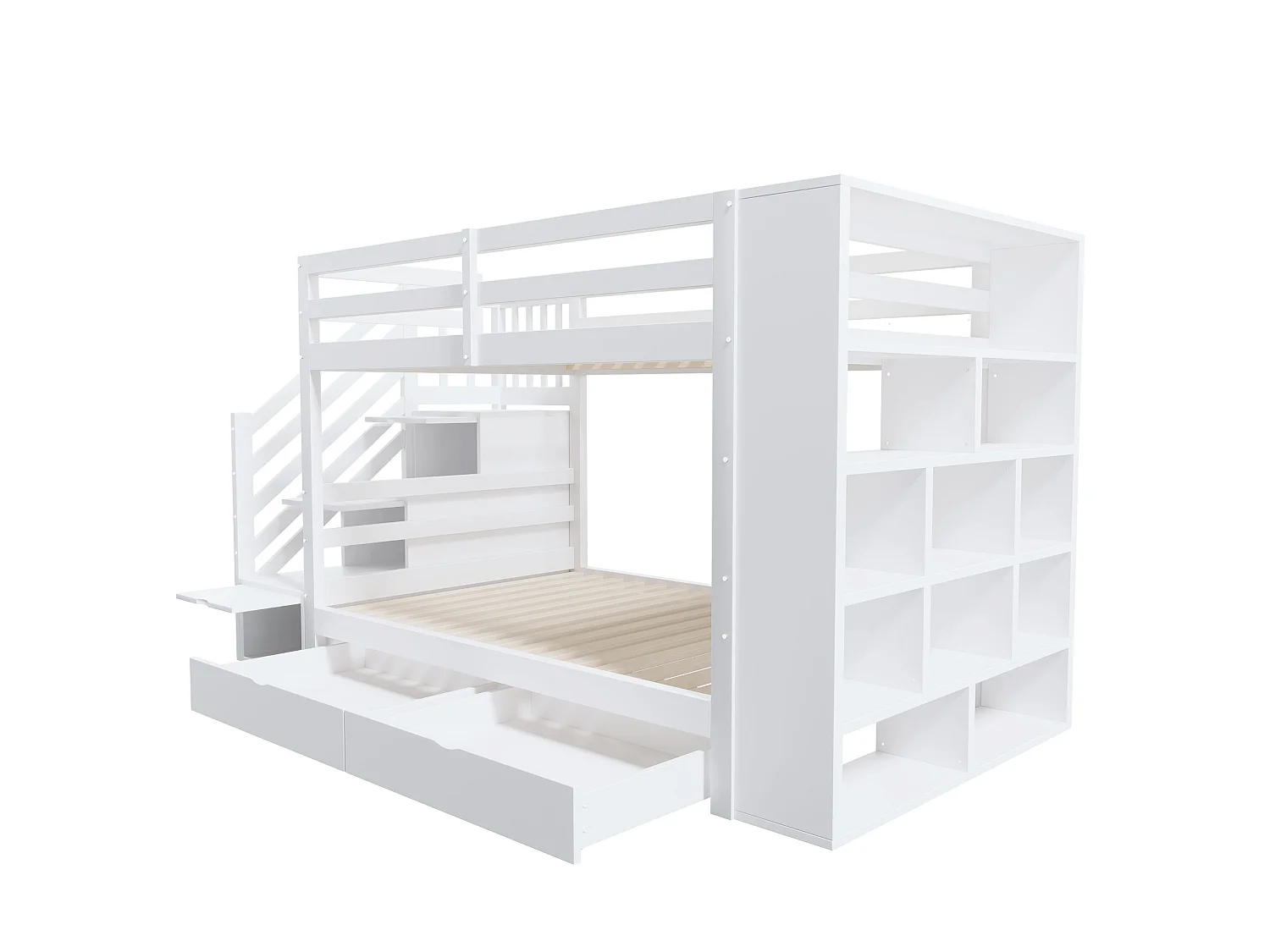 Lit superposé 90x200 cm – Escalier sécurisé avec rangements – avec 2 tiroirs – blanc (matelas non inclus)