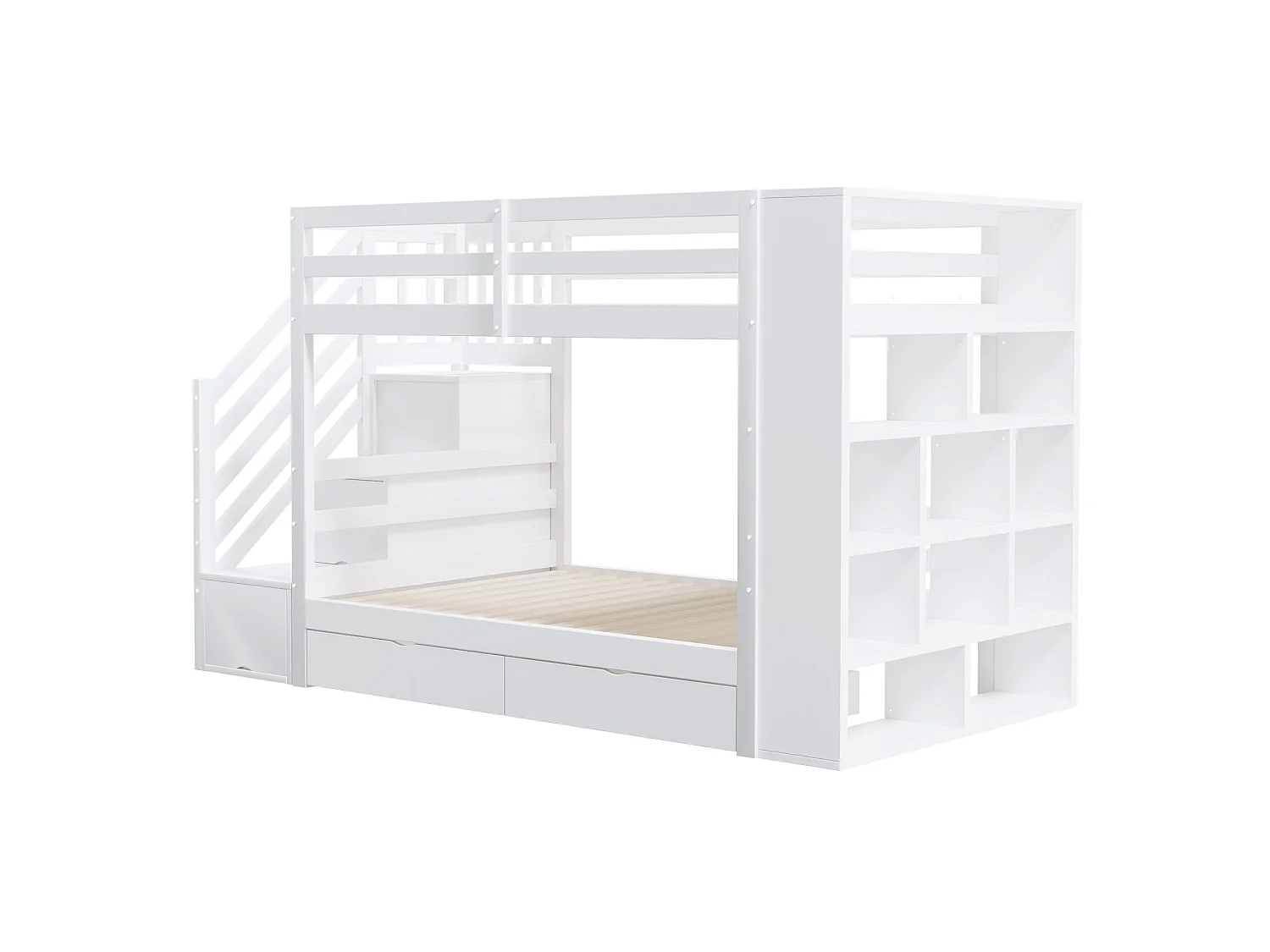 Lit superposé 90x200 cm – Escalier sécurisé avec rangements – avec 2 tiroirs – blanc (matelas non inclus)