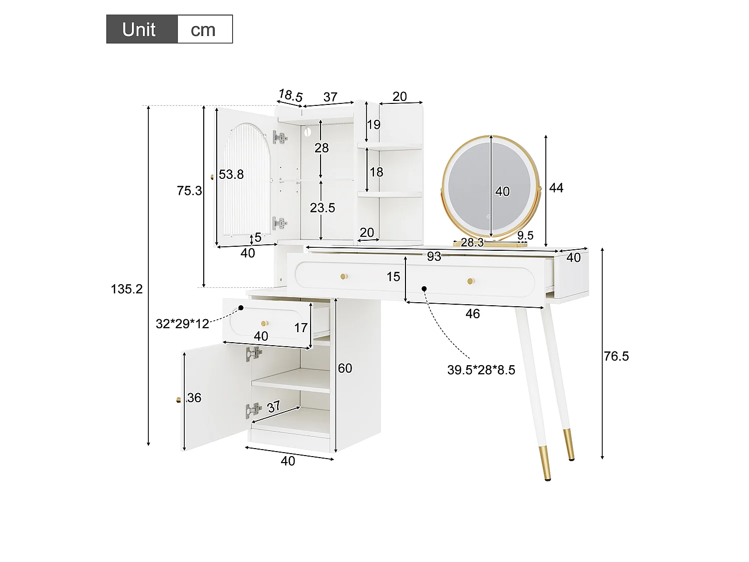 Toaletka z lustrem 121.5x40x135.2cm - z regulowanym LED - z 2 drzwiami i 3 szufladami - z otwartymi półkami - Biała