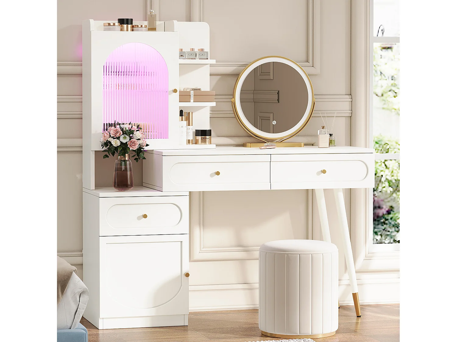 Toaletka z lustrem 121.5x40x135.2cm - z regulowanym LED - z 2 drzwiami i 3 szufladami - z otwartymi półkami - Biała