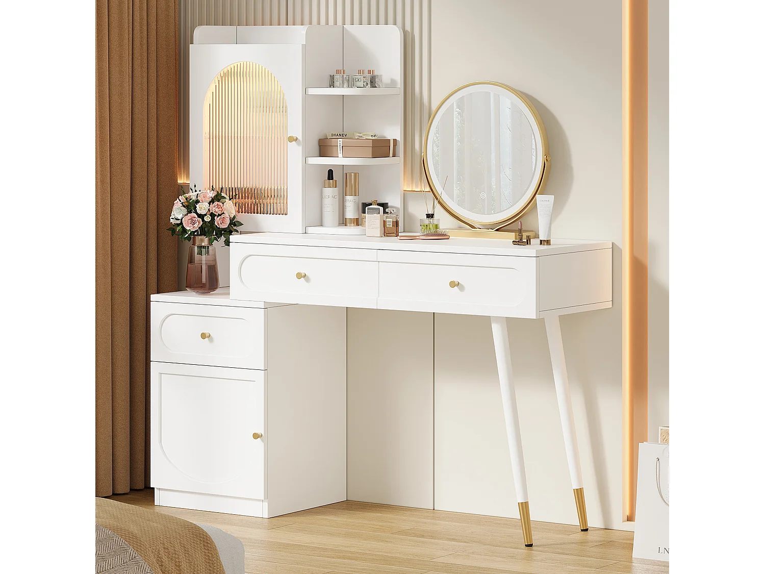 Toaletka z lustrem 121.5x40x135.2cm - z regulowanym LED - z 2 drzwiami i 3 szufladami - z otwartymi półkami - Biała
