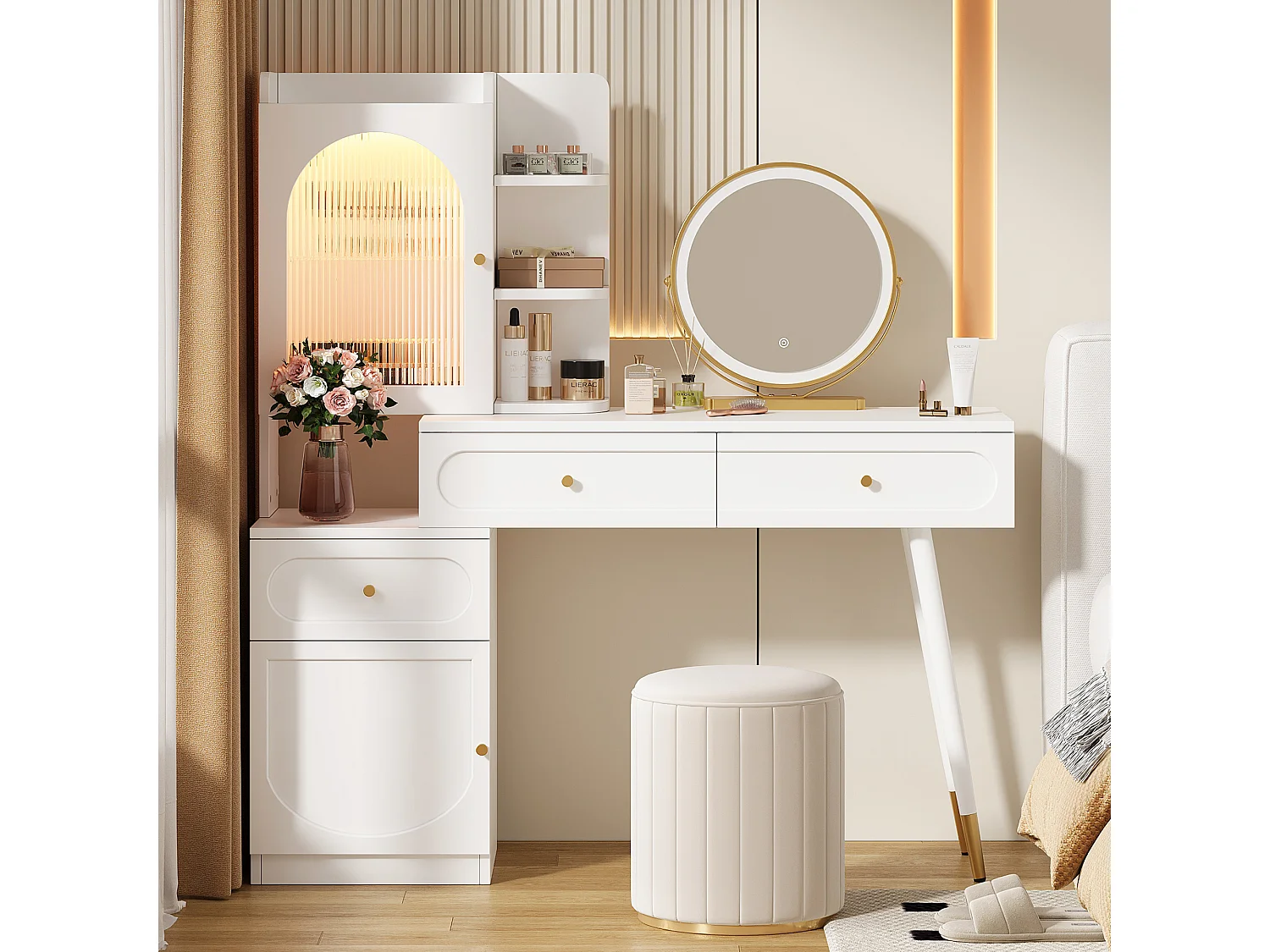 Toaletka z lustrem 121.5x40x135.2cm - z regulowanym LED - z 2 drzwiami i 3 szufladami - z otwartymi półkami - Biała