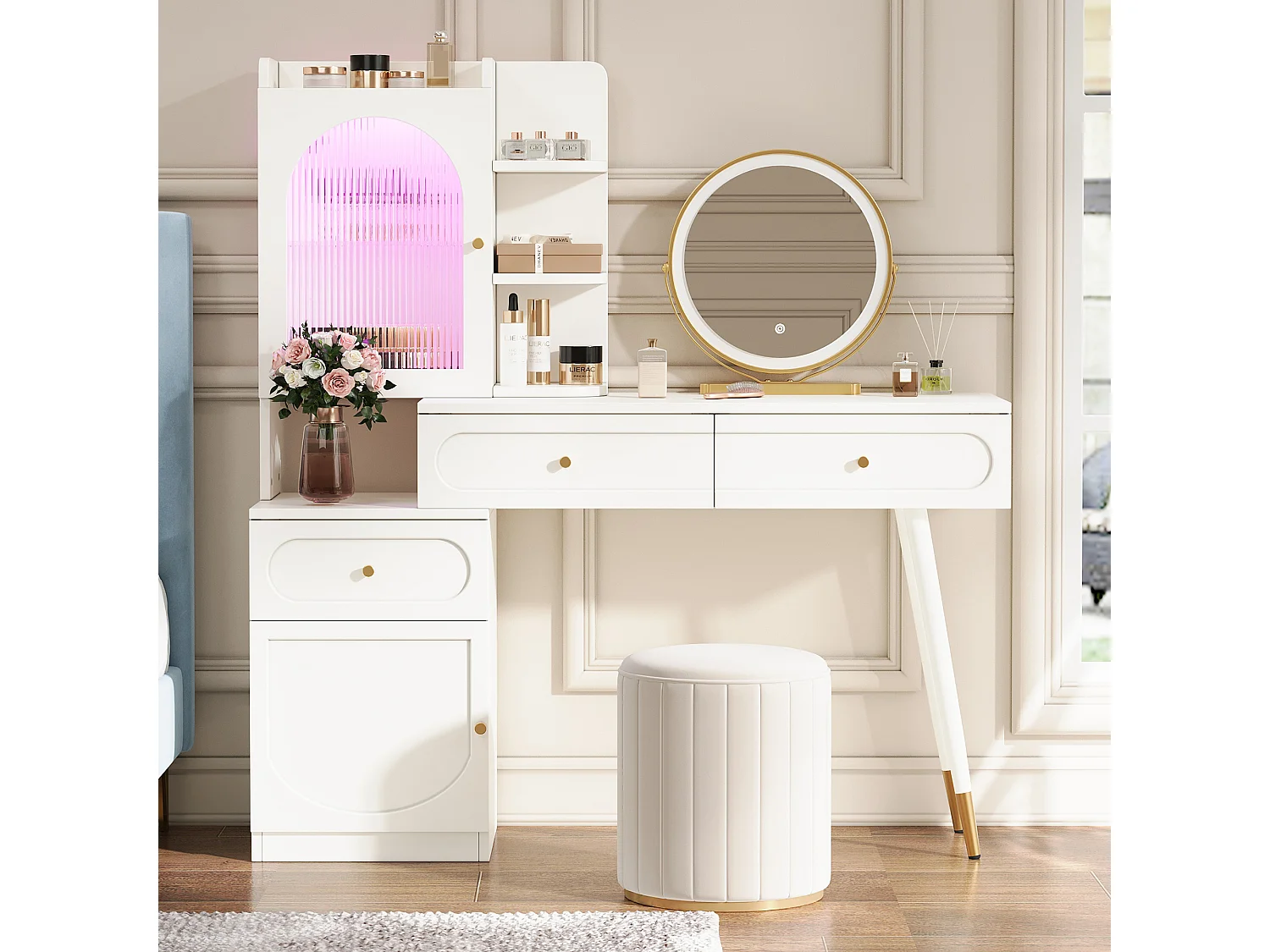 Toaletka z lustrem 121.5x40x135.2cm - z regulowanym LED - z 2 drzwiami i 3 szufladami - z otwartymi półkami - Biała