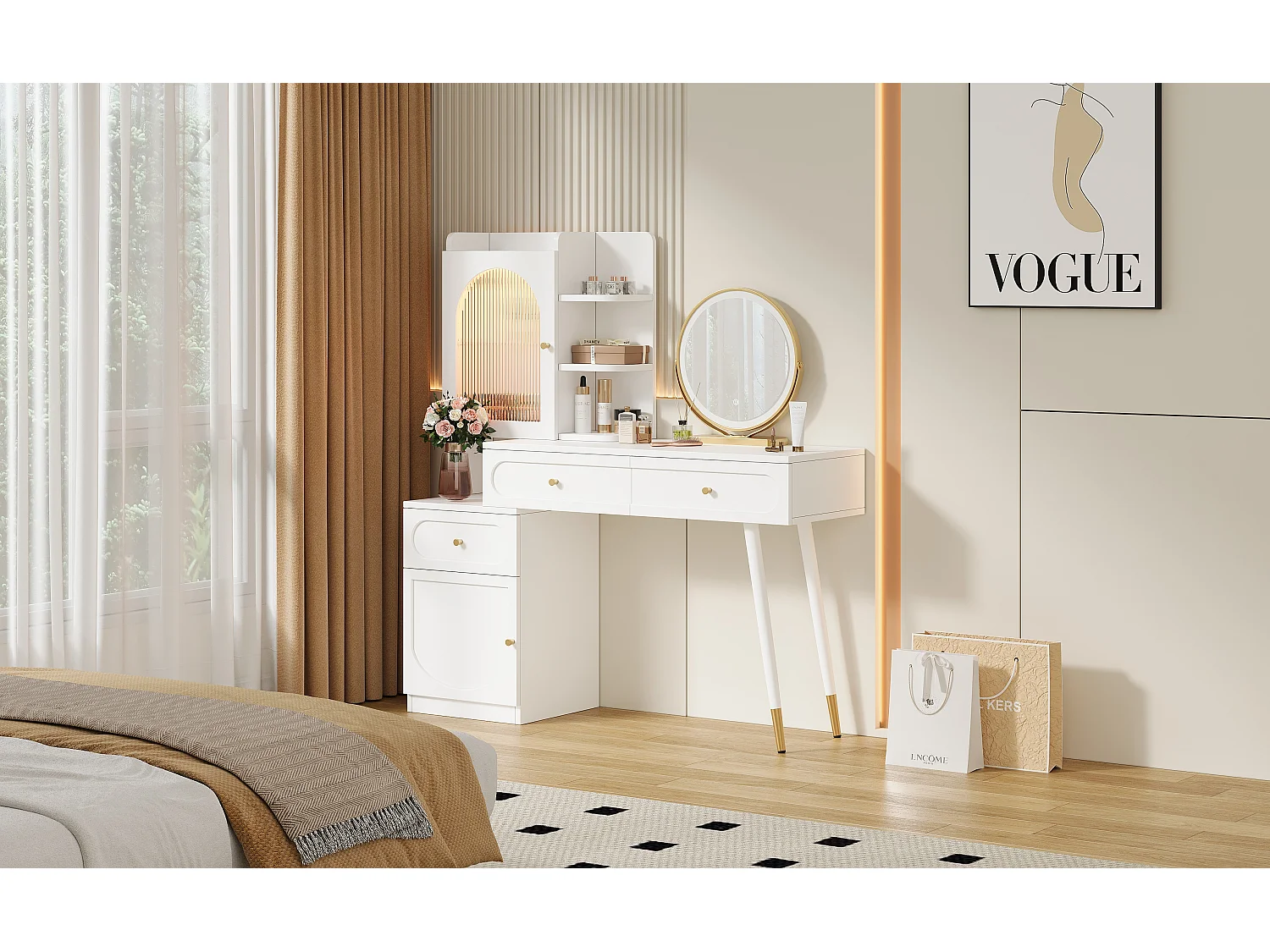 Toaletka z lustrem 121.5x40x135.2cm - z regulowanym LED - z 2 drzwiami i 3 szufladami - z otwartymi półkami - Biała
