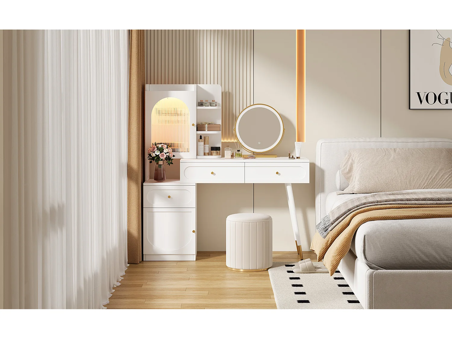 Toaletka z lustrem 121.5x40x135.2cm - z regulowanym LED - z 2 drzwiami i 3 szufladami - z otwartymi półkami - Biała