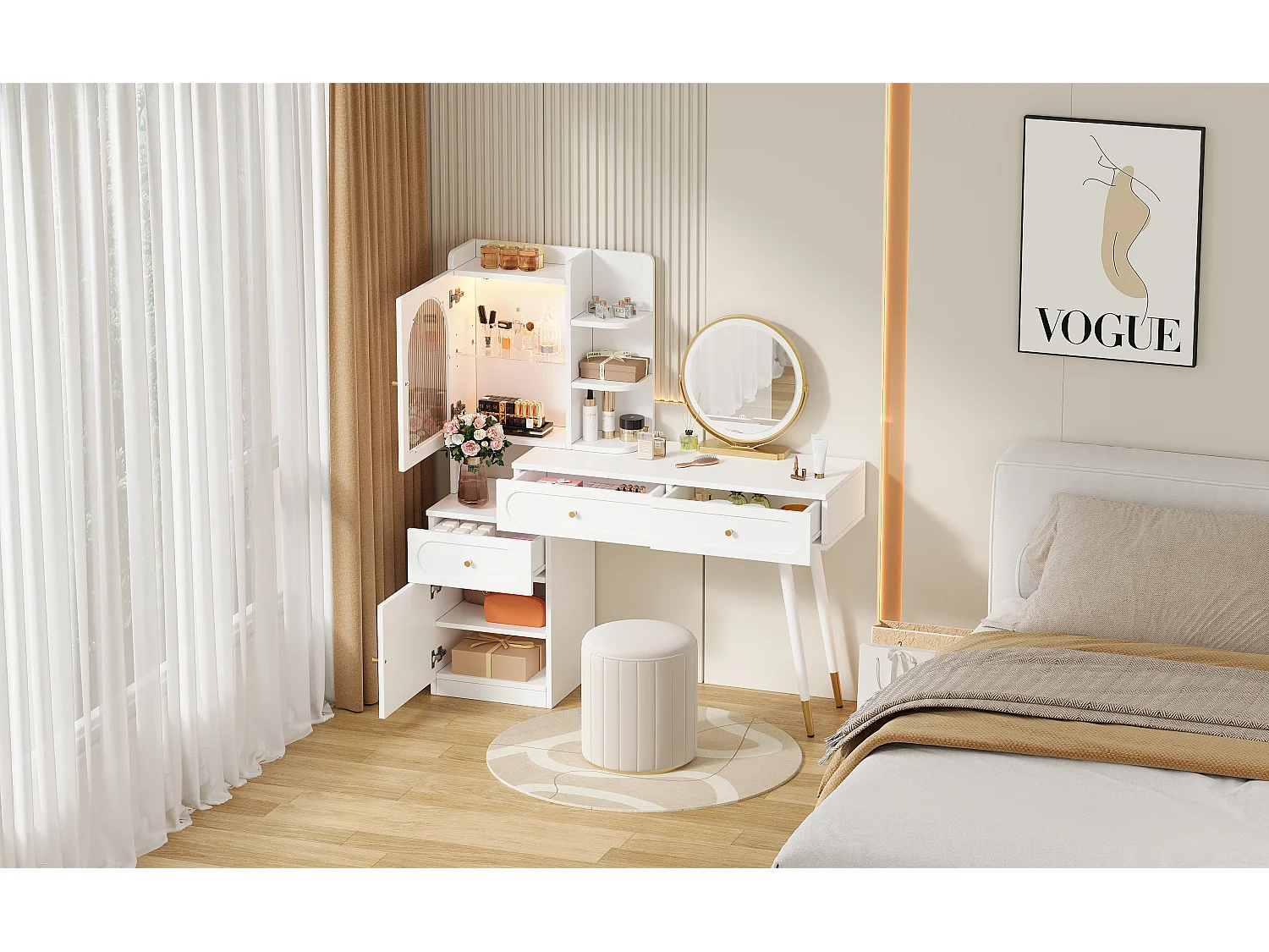 Toaletka z lustrem 121.5x40x135.2cm - z regulowanym LED - z 2 drzwiami i 3 szufladami - z otwartymi półkami - Biała