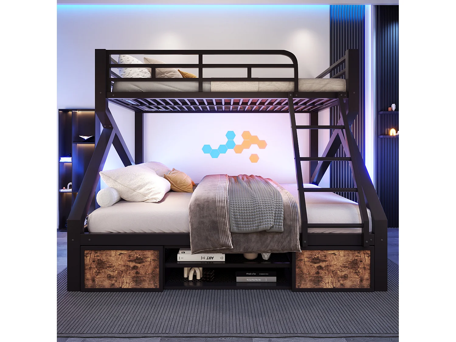 Lit superposé 90 x 200 cm + 140 x 200 cm – avec espaces de rangement – ​​avec barrières de sécurité – avec échelle – Noir (matelas non inclus)