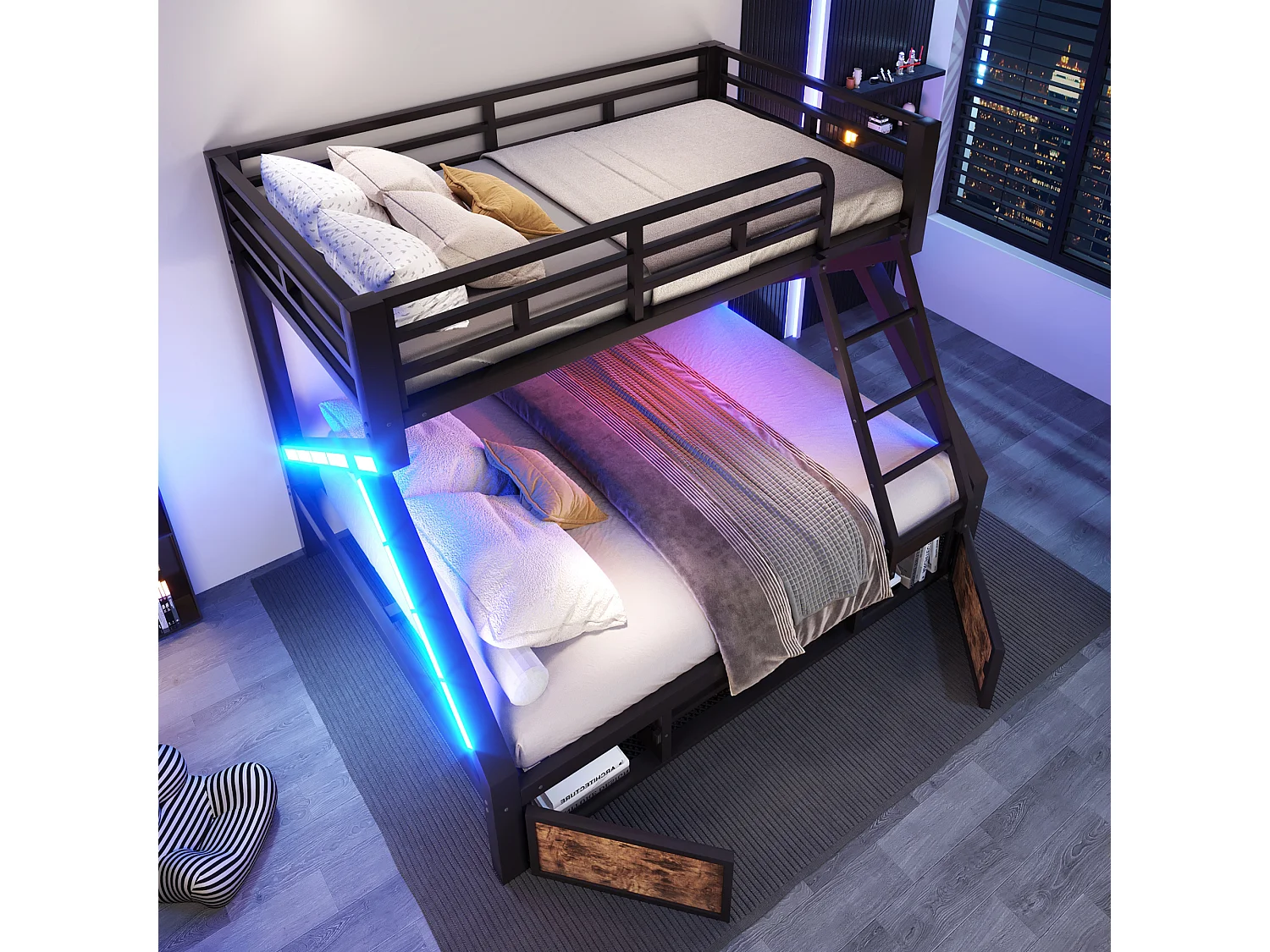 Lit superposé 90 x 200 cm + 140 x 200 cm – avec espaces de rangement – ​​avec barrières de sécurité – avec échelle – Noir (matelas non inclus)