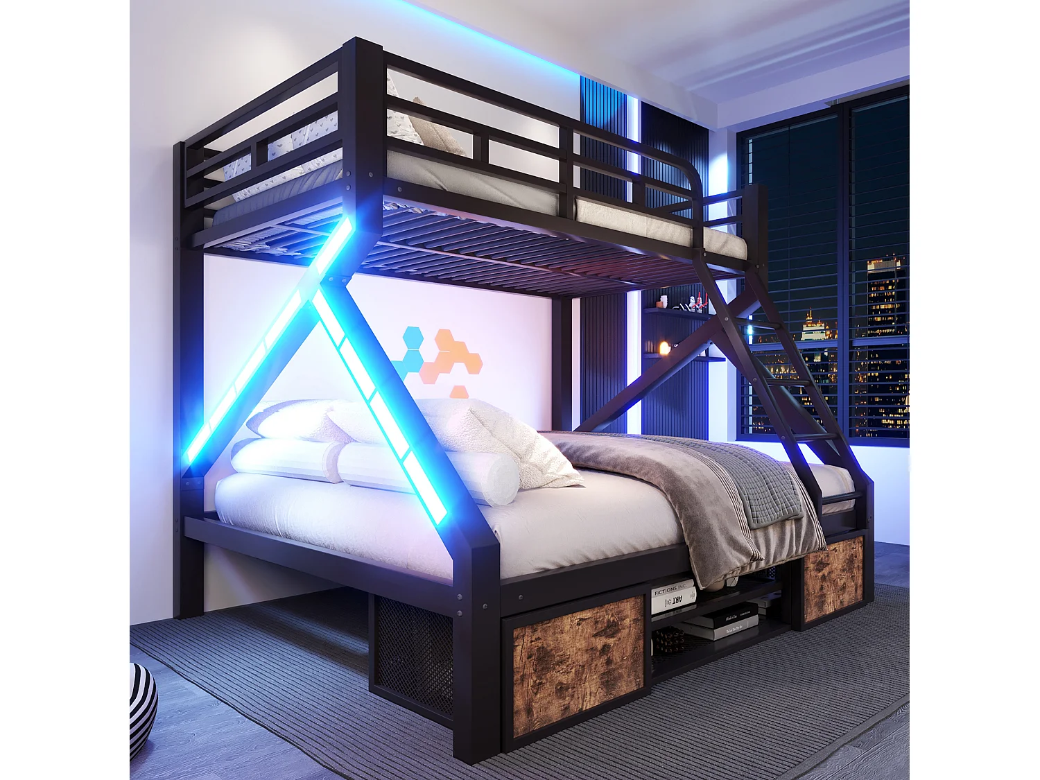Lit superposé 90 x 200 cm + 140 x 200 cm – avec espaces de rangement – ​​avec barrières de sécurité – avec échelle – Noir (matelas non inclus)