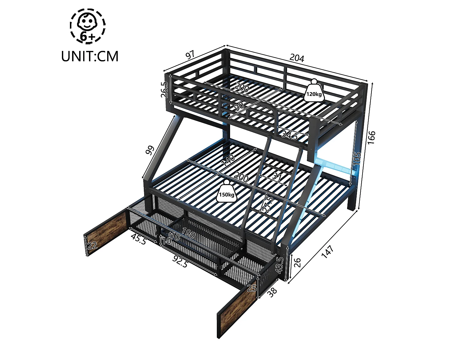 Lit superposé 90 x 200 cm + 140 x 200 cm – avec espaces de rangement – ​​avec barrières de sécurité – avec échelle – Noir (matelas non inclus)