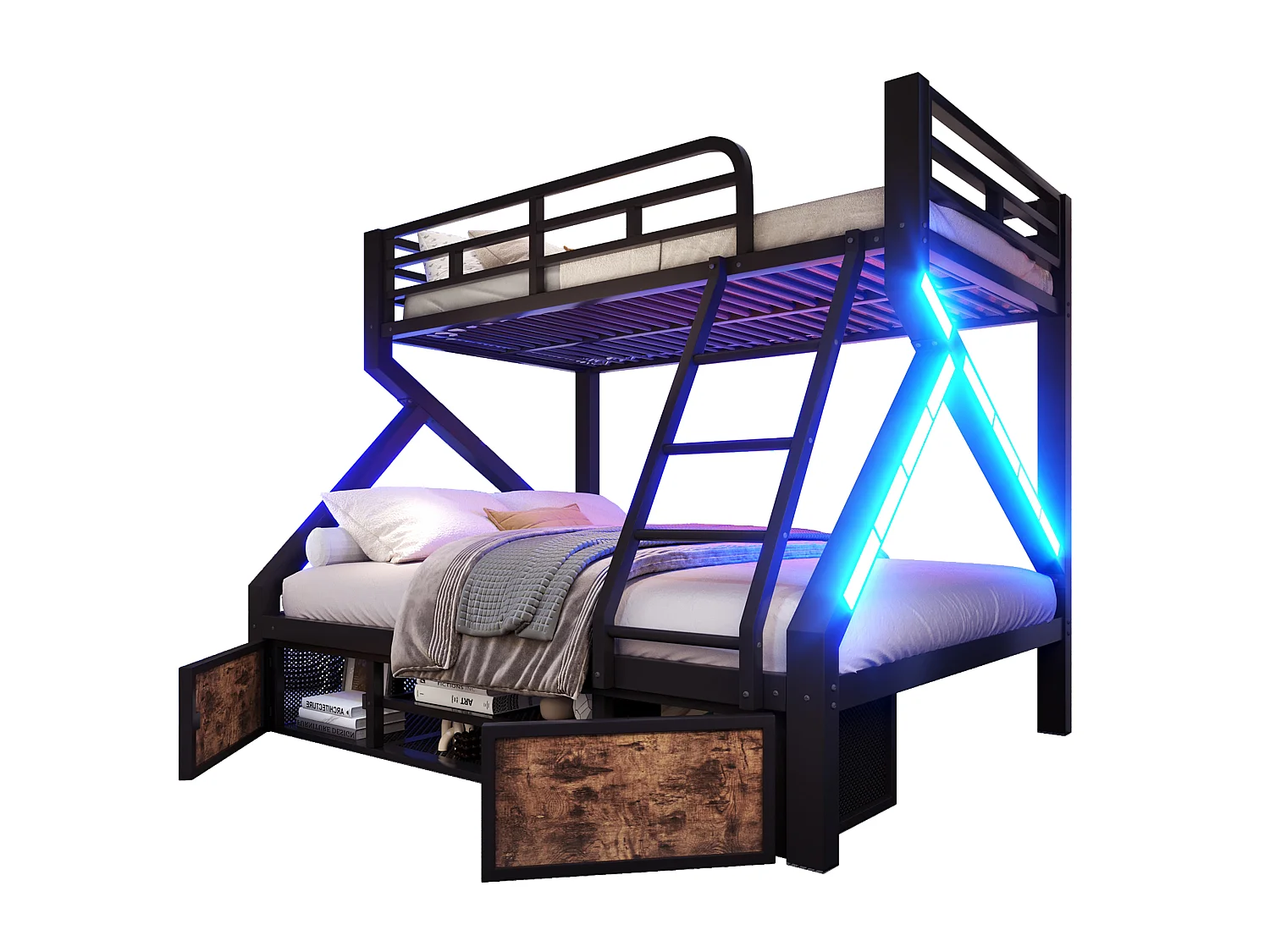 Lit superposé 90 x 200 cm + 140 x 200 cm – avec espaces de rangement – ​​avec barrières de sécurité – avec échelle – Noir (matelas non inclus)