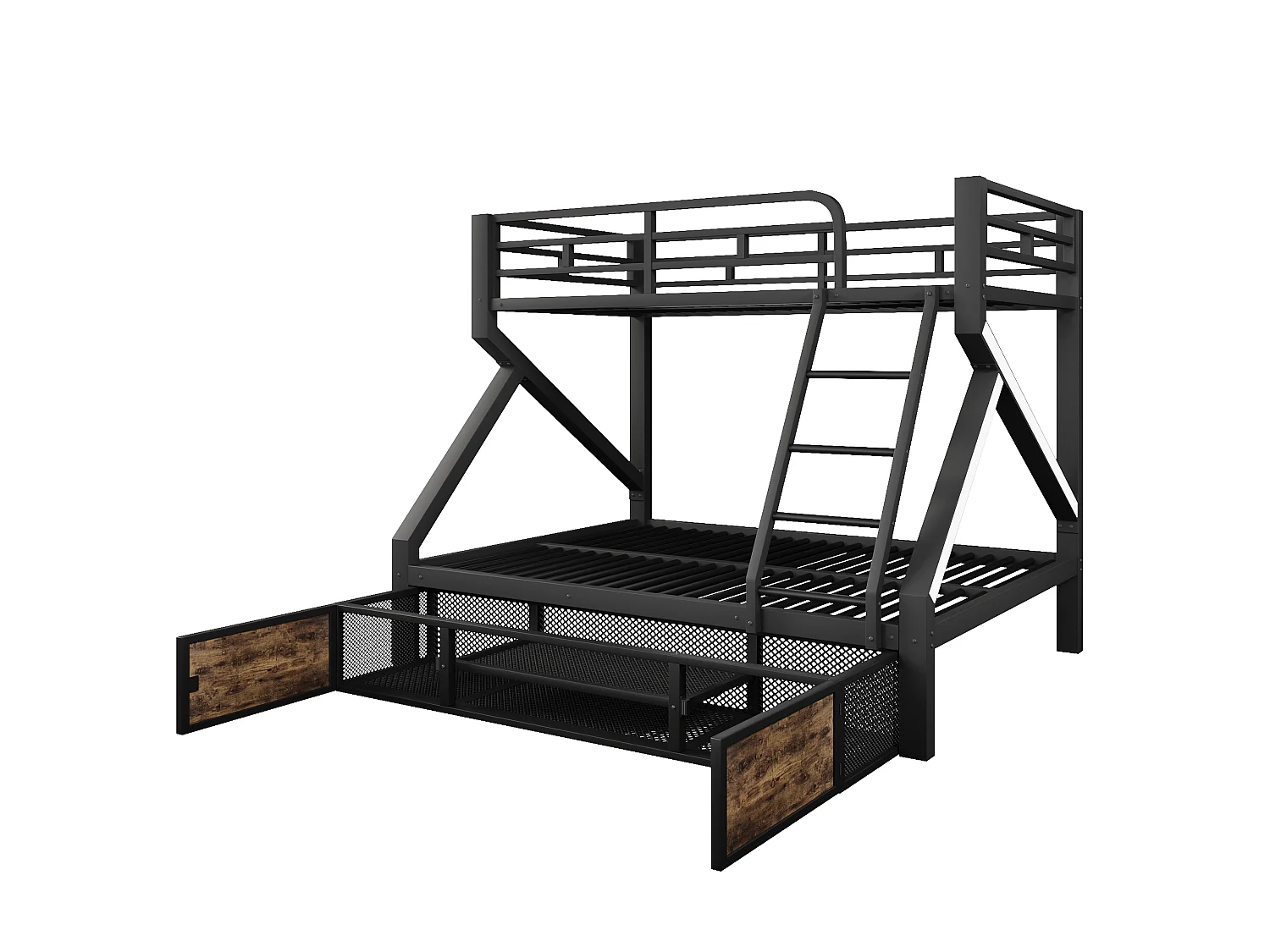 Lit superposé 90 x 200 cm + 140 x 200 cm – avec espaces de rangement – ​​avec barrières de sécurité – avec échelle – Noir (matelas non inclus)