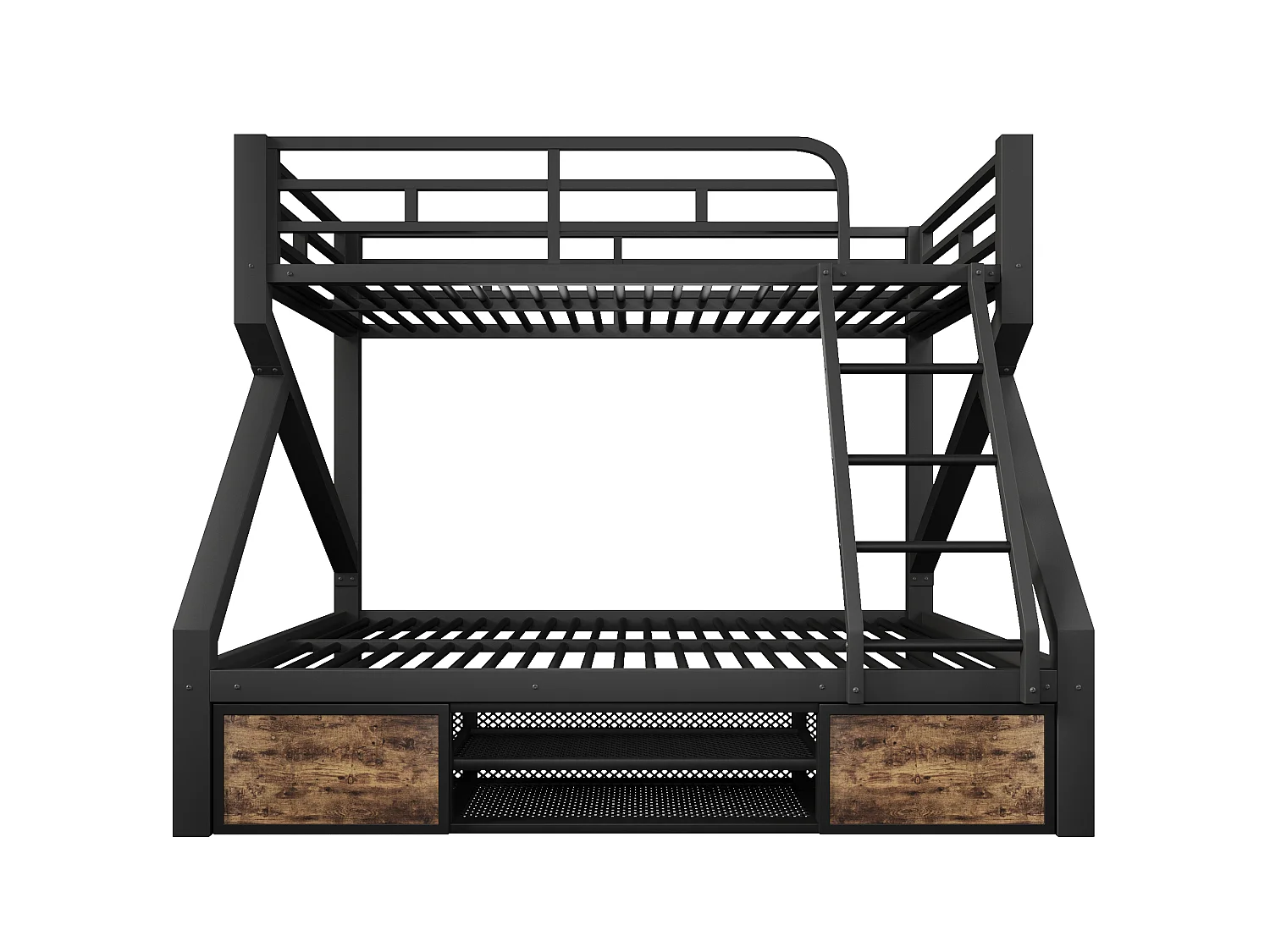Lit superposé 90 x 200 cm + 140 x 200 cm – avec espaces de rangement – ​​avec barrières de sécurité – avec échelle – Noir (matelas non inclus)