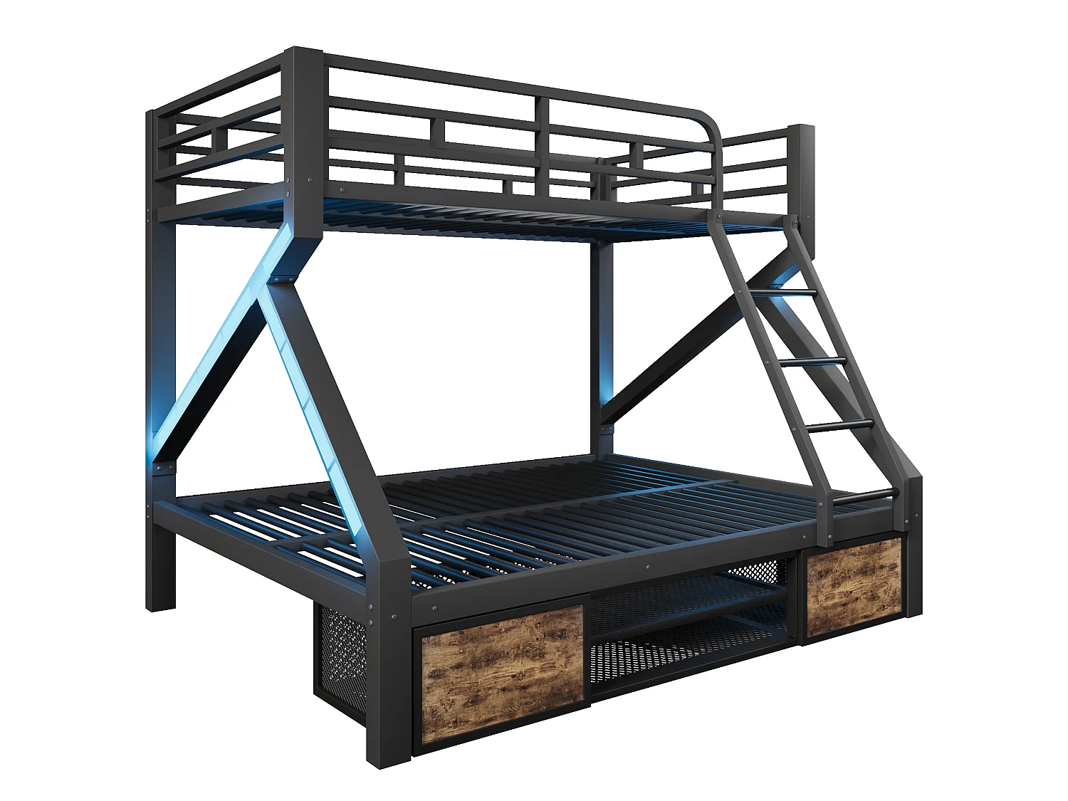 Lit superposé 90 x 200 cm + 140 x 200 cm – avec espaces de rangement – ​​avec barrières de sécurité – avec échelle – Noir (matelas non inclus)
