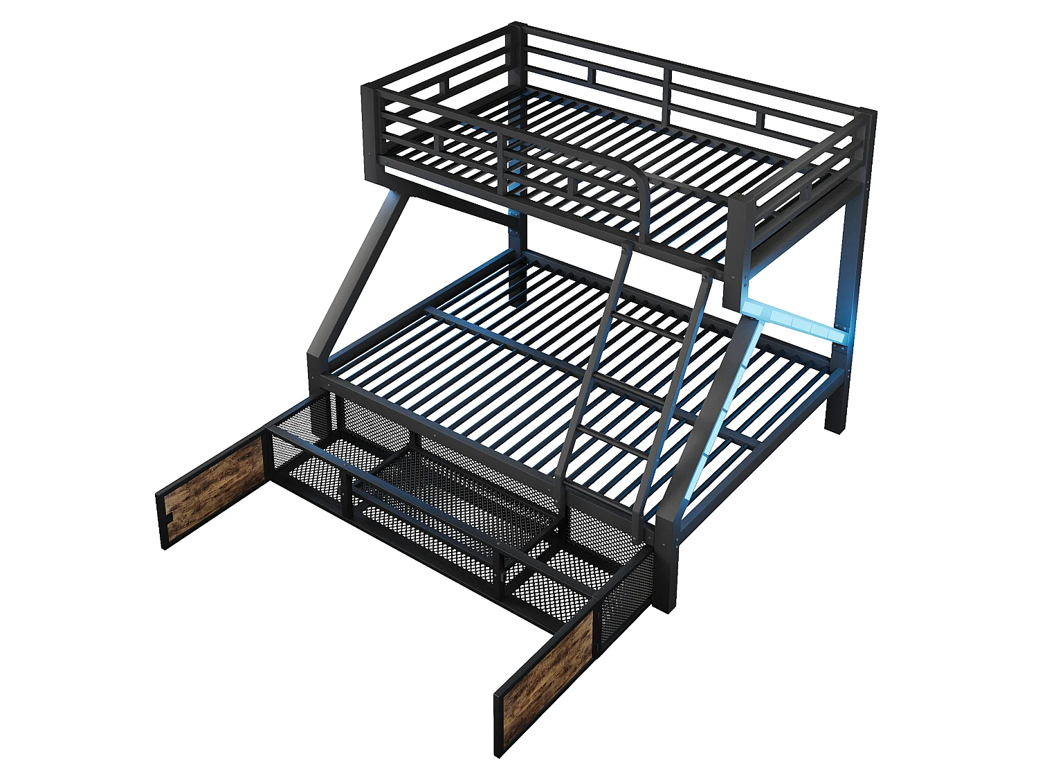 Lit superposé 90 x 200 cm + 140 x 200 cm – avec espaces de rangement – ​​avec barrières de sécurité – avec échelle – Noir (matelas non inclus)