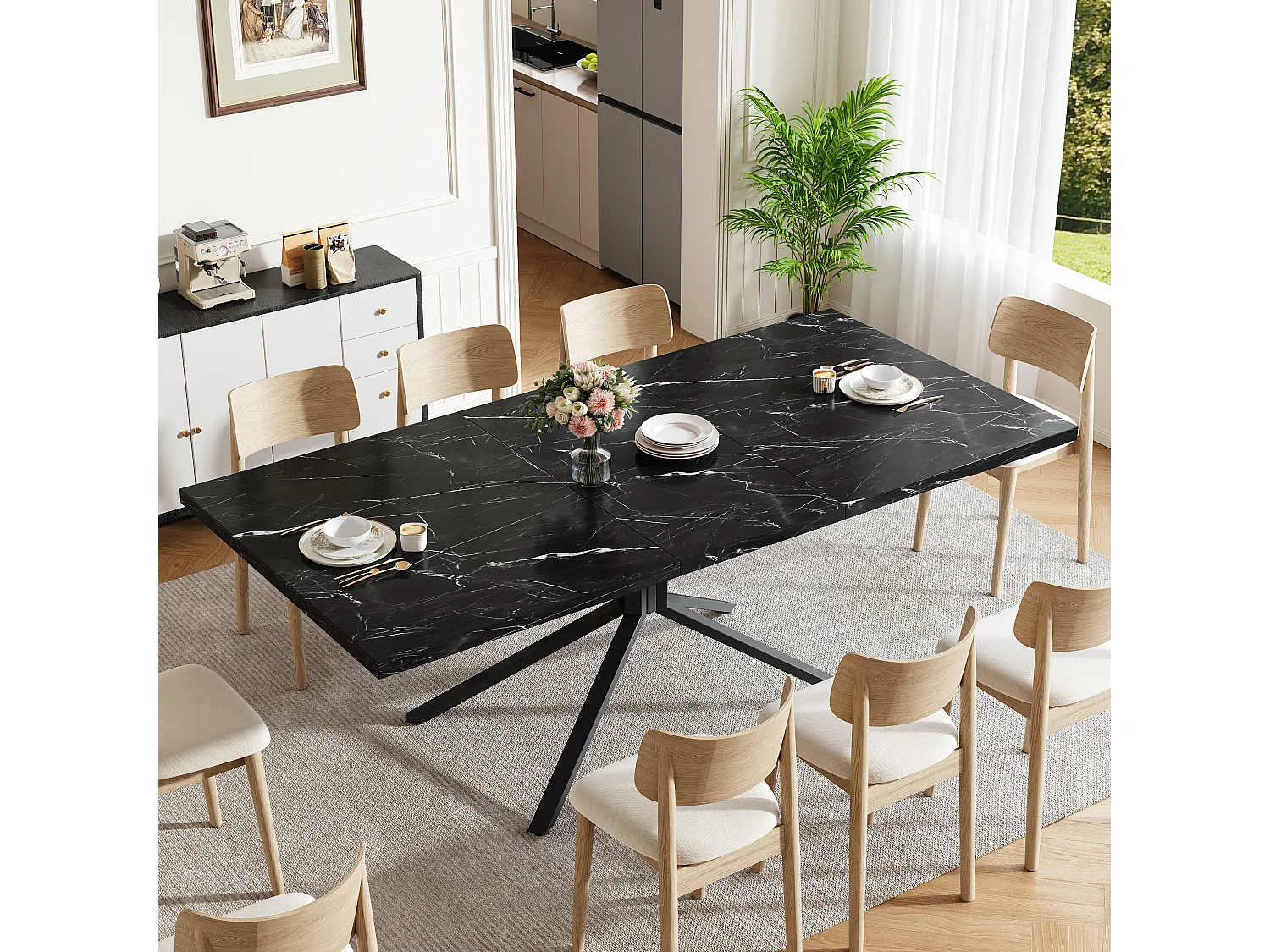 Table à Manger Extensible 120-160cm en Effet Marbre - Table de Repas Rectangulaire avec Piétement Étoile en Métal Noir - Effet Marbre Noir