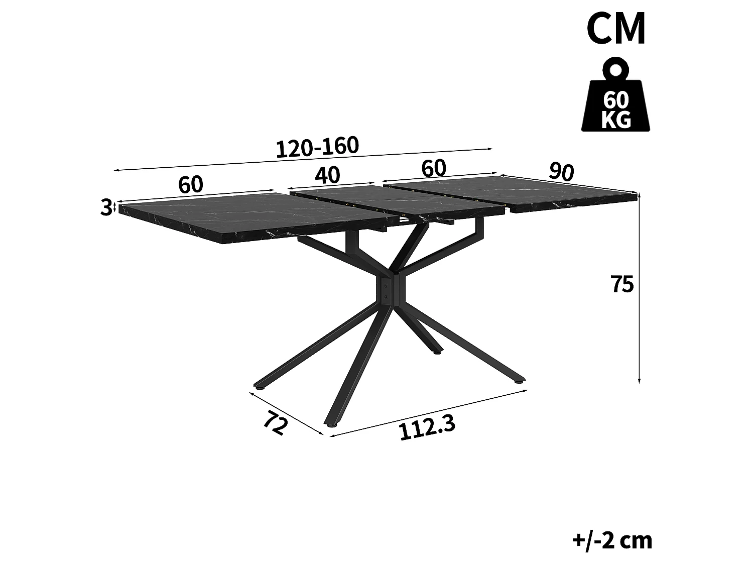 Table à Manger Extensible 120-160cm en Effet Marbre - Table de Repas Rectangulaire avec Piétement Étoile en Métal Noir - Effet Marbre Noir