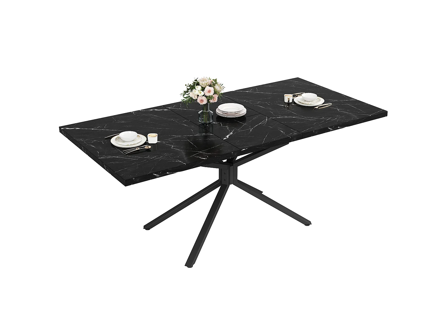 Table à Manger Extensible 120-160cm en Effet Marbre - Table de Repas Rectangulaire avec Piétement Étoile en Métal Noir - Effet Marbre Noir