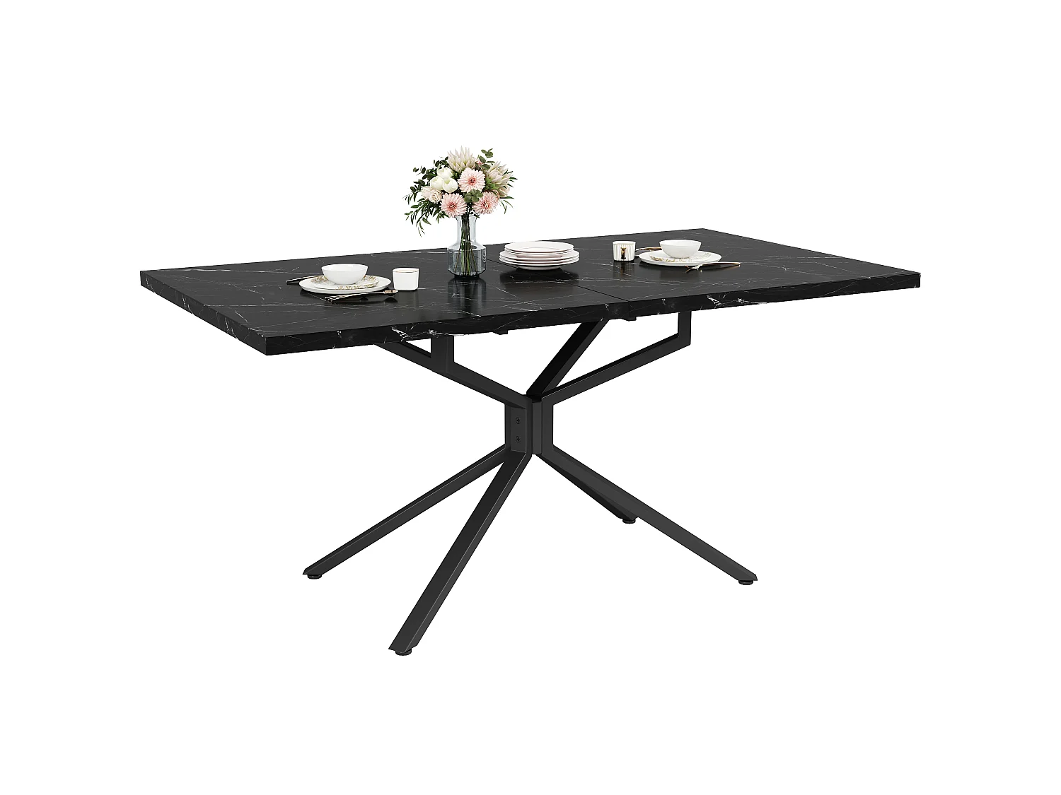 Table à Manger Extensible 120-160cm en Effet Marbre - Table de Repas Rectangulaire avec Piétement Étoile en Métal Noir - Effet Marbre Noir