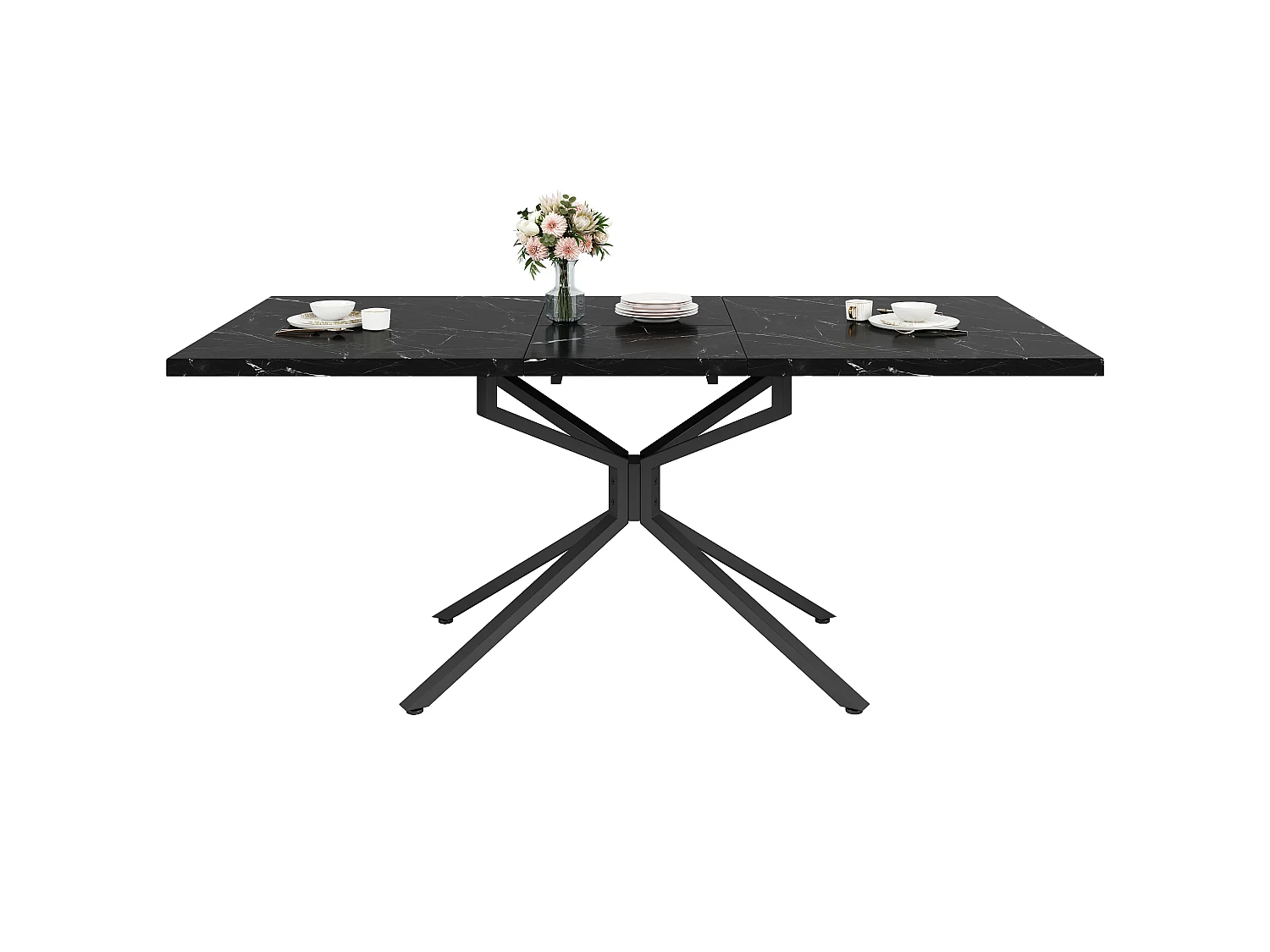 Table à Manger Extensible 120-160cm en Effet Marbre - Table de Repas Rectangulaire avec Piétement Étoile en Métal Noir - Effet Marbre Noir