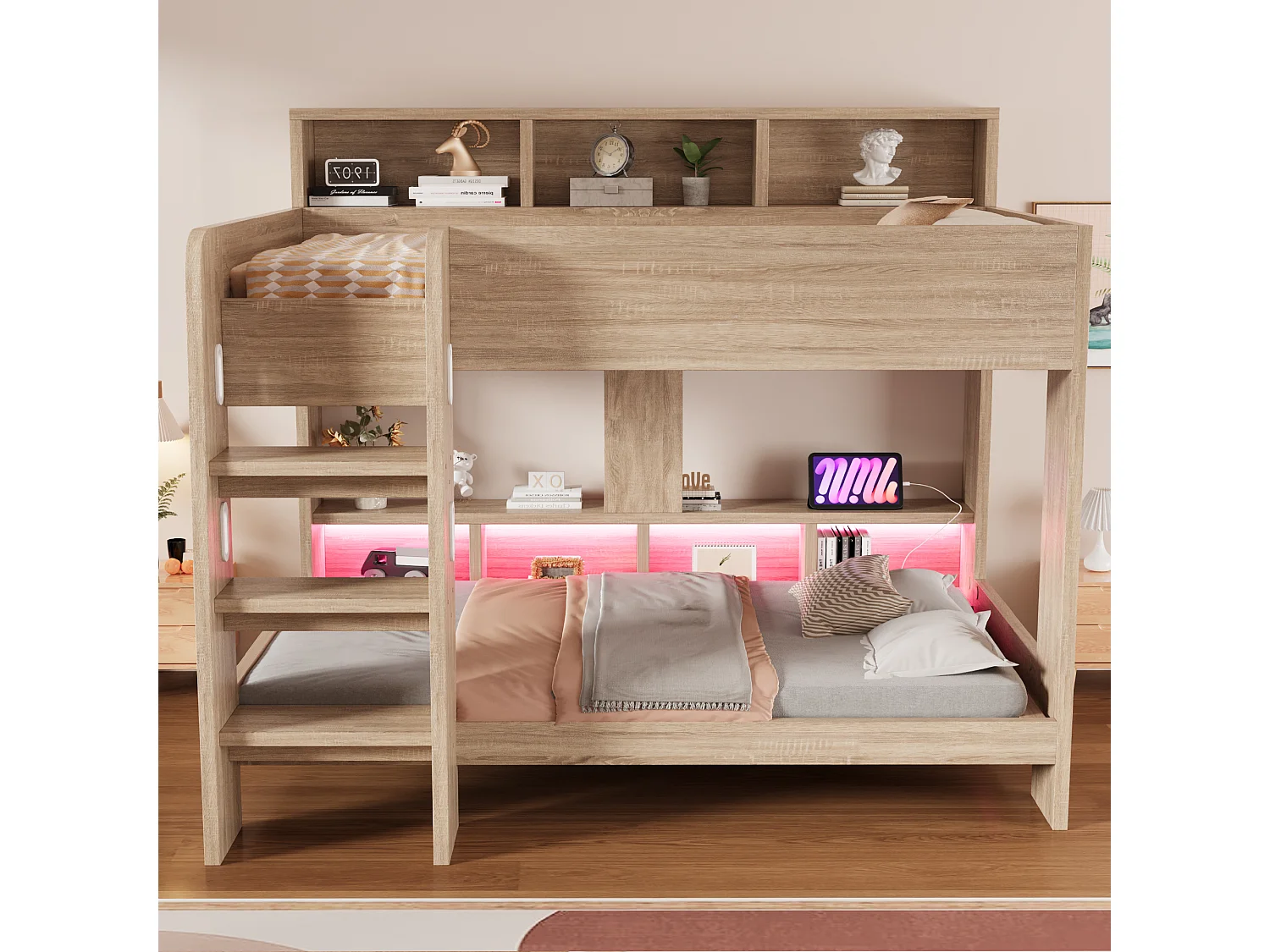 Lit superposé en bois 90 x 200 cm – avec barrières de sécurité – avec échelle de sécurité – avec éclairage – avec prise électrique – naturel (matelas non inclus)