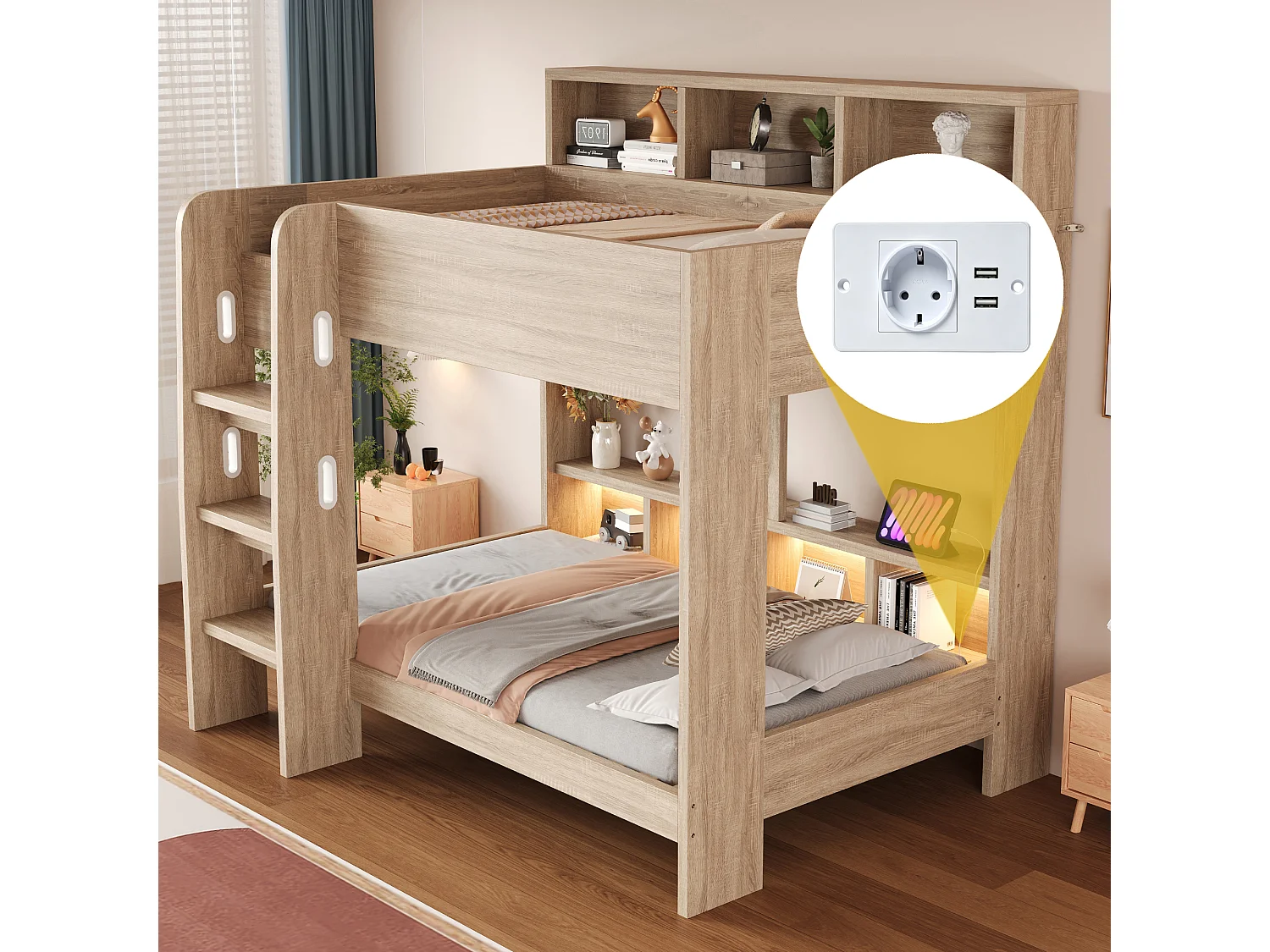 Lit superposé en bois 90 x 200 cm – avec barrières de sécurité – avec échelle de sécurité – avec éclairage – avec prise électrique – naturel (matelas non inclus)