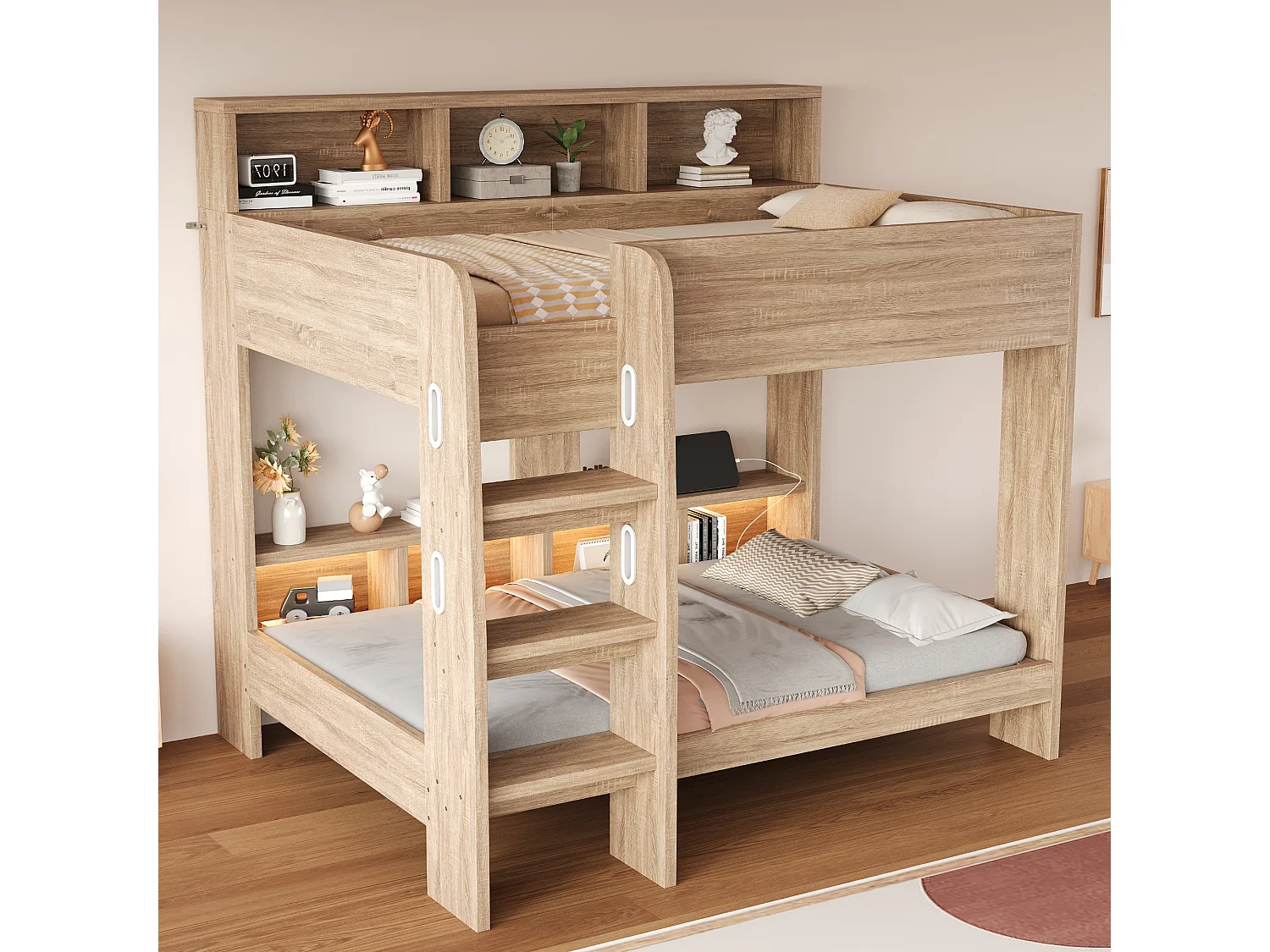 Lit superposé en bois 90 x 200 cm – avec barrières de sécurité – avec échelle de sécurité – avec éclairage – avec prise électrique – naturel (matelas non inclus)
