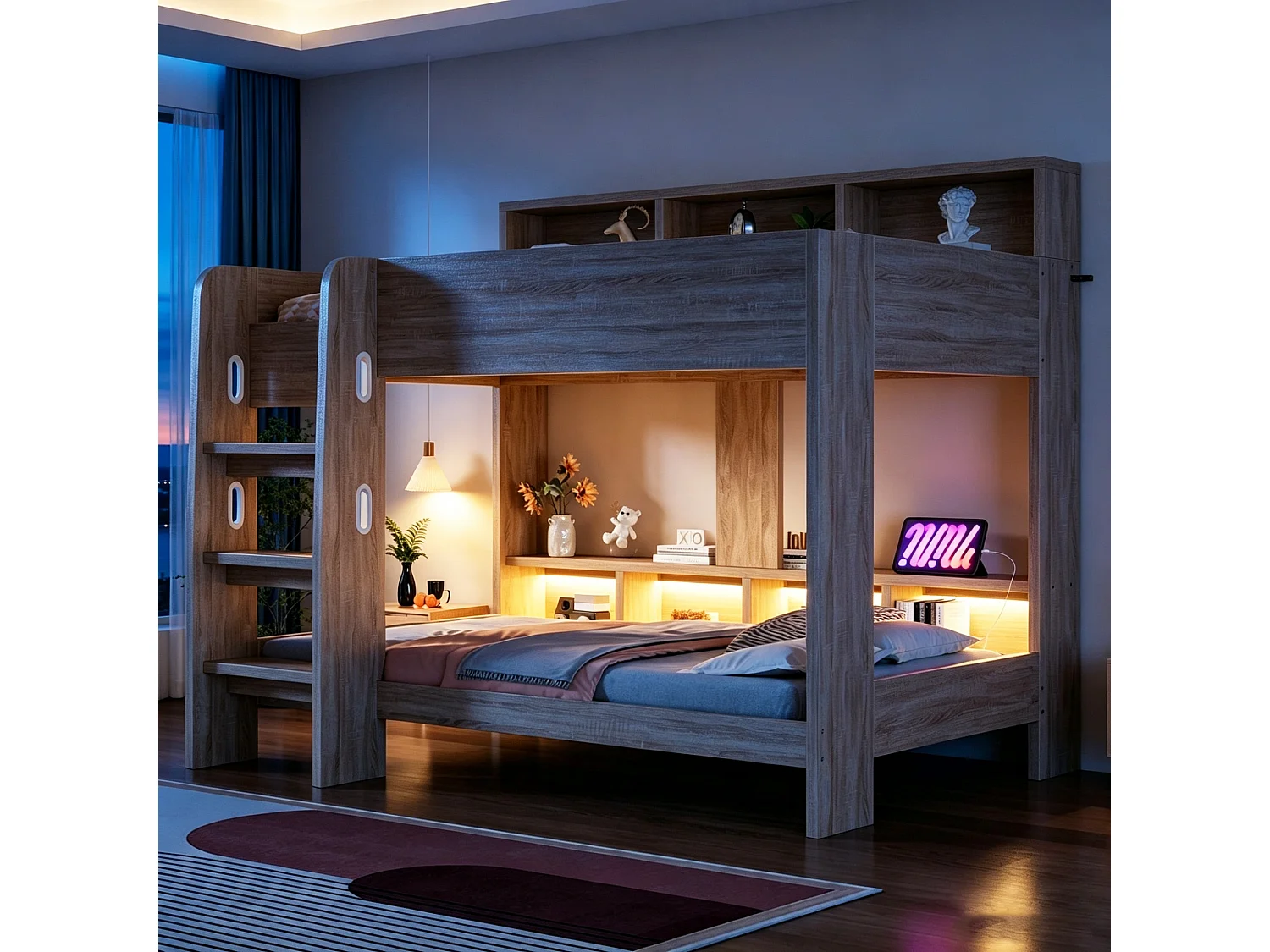 Lit superposé en bois 90 x 200 cm – avec barrières de sécurité – avec échelle de sécurité – avec éclairage – avec prise électrique – naturel (matelas non inclus)