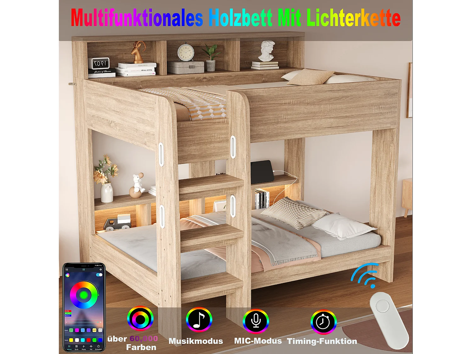 Lit superposé en bois 90 x 200 cm – avec barrières de sécurité – avec échelle de sécurité – avec éclairage – avec prise électrique – naturel (matelas non inclus)