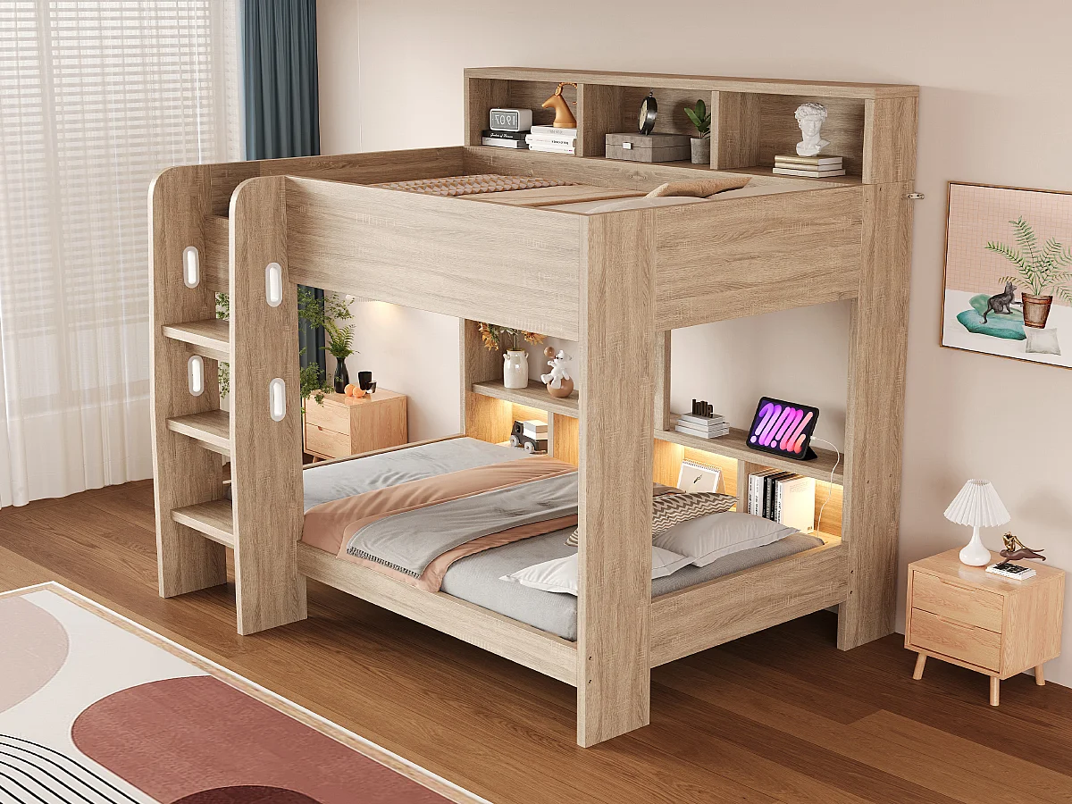 Lit superposé en bois 90 x 200 cm – avec barrières de sécurité – avec échelle de sécurité – avec éclairage – avec prise électrique – naturel (matelas non inclus)