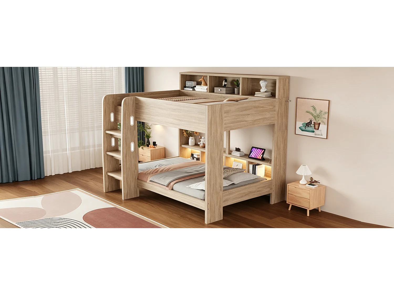 Lit superposé en bois 90 x 200 cm – avec barrières de sécurité – avec échelle de sécurité – avec éclairage – avec prise électrique – naturel (matelas non inclus)