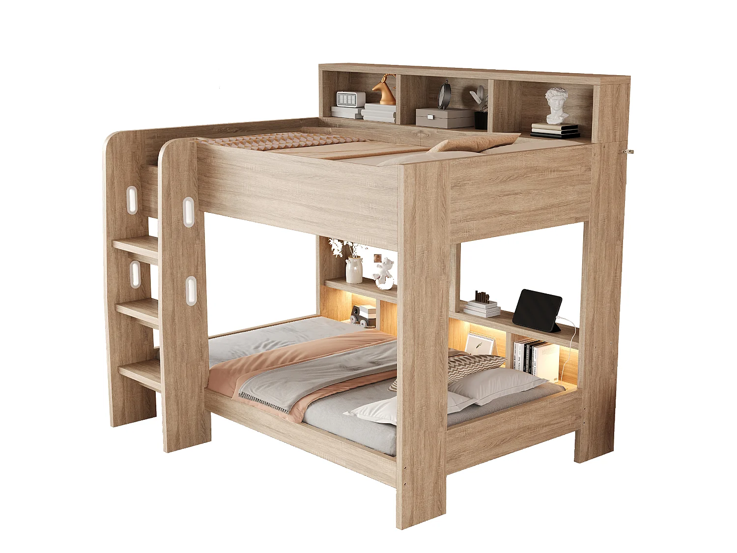 Lit superposé en bois 90 x 200 cm – avec barrières de sécurité – avec échelle de sécurité – avec éclairage – avec prise électrique – naturel (matelas non inclus)