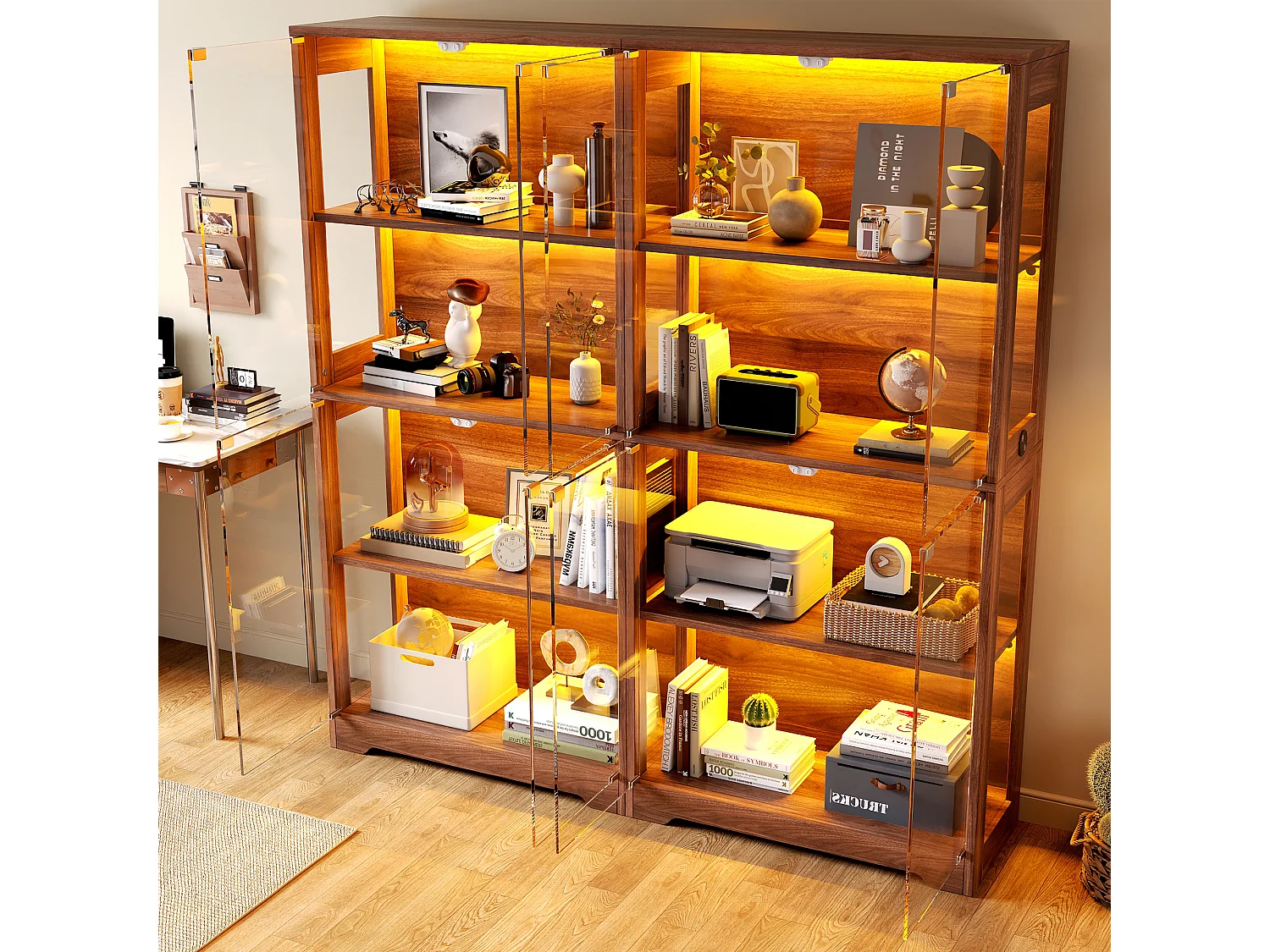 Vitrine en verre 160x35x160 cm - Éclairage LED à double commande - Avec 8 portes push-to-open - MDF - Marron