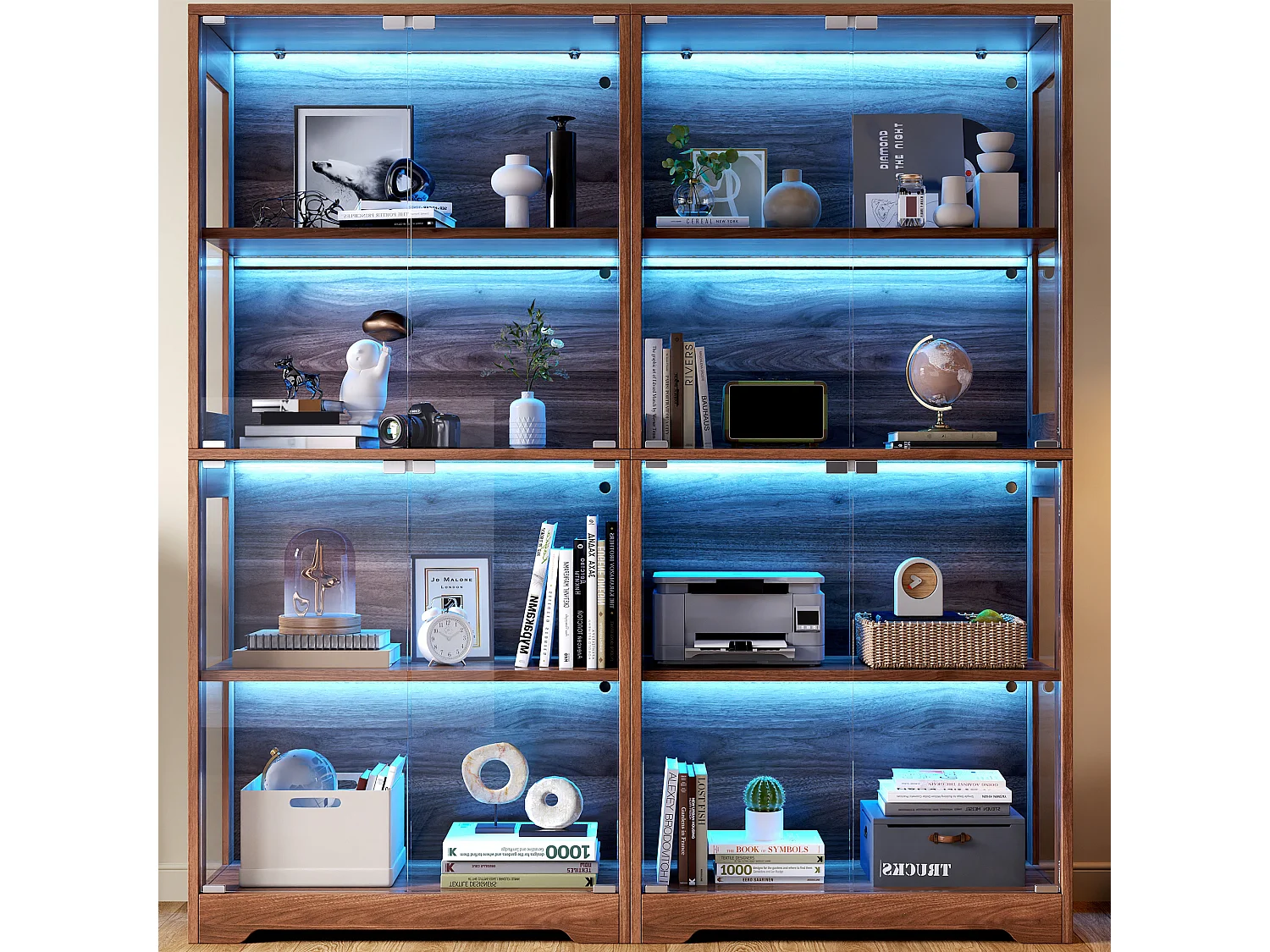 Vitrine en verre 160x35x160 cm - Éclairage LED à double commande - Avec 8 portes push-to-open - MDF - Marron